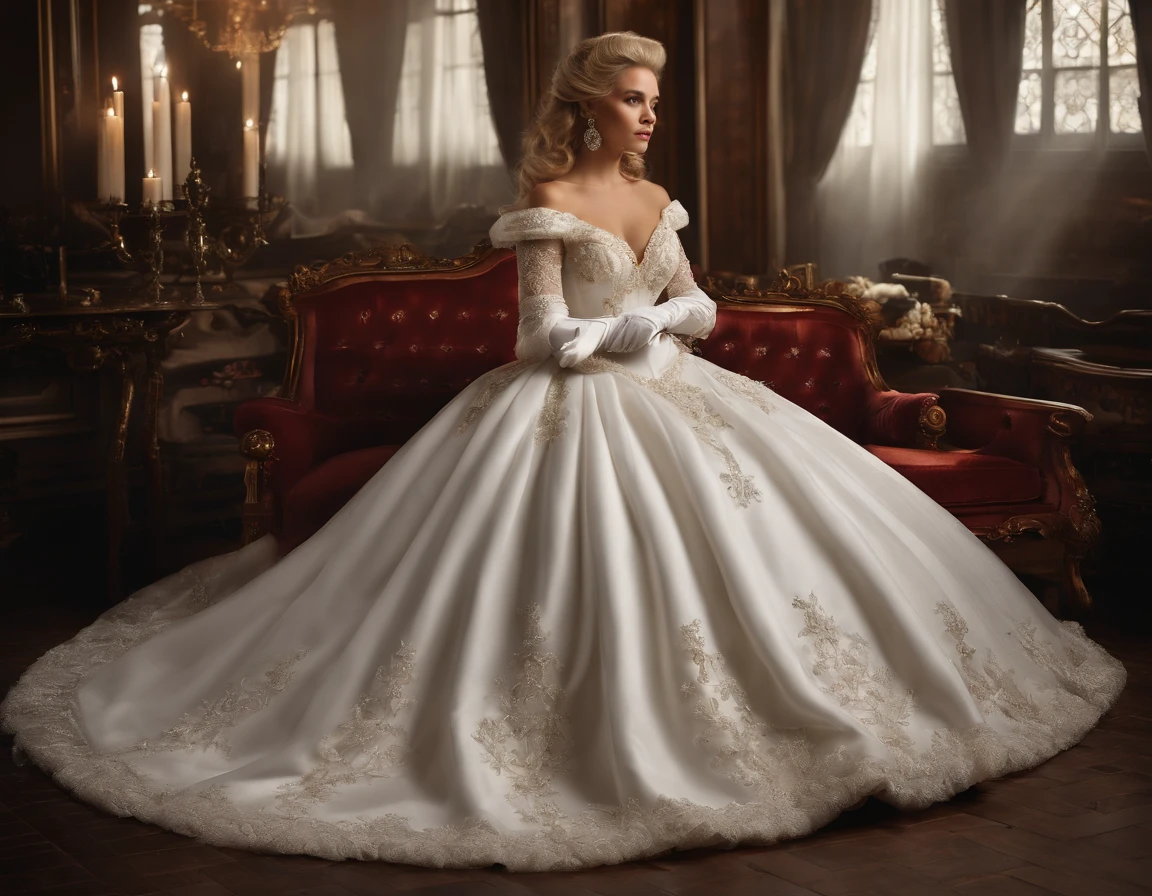 Best quality, Masterpiece, The noble queen wears a stately and exquisite royal wedding dress in white satin tulle,Wear extra-long white gloves,Decorated with a huge ribbon bow, Lace, frilld, Woven pleats, Embroidery and jewelry, With large puff sleeves, Hourglass waist and voluminous Crinoline hoop skirt, bustle, and trains, white long gloves, pearl necklace and earrings, Long, straight blonde hair draped in scatter