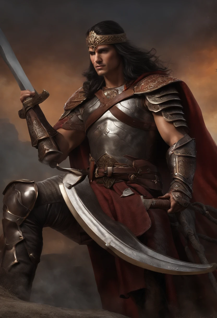 ((best quality, 8k, master part: 1.3)), Sharp: 1.2, Beleza Corporal Perfeita: Red Sonja de corpo inteiro, muito sexy e musculosa, com armadura peitoral bem detalhada, capa de pele de animal, cintura de couro adornada com detalhes de metal, caneleiras de metal bem detalhadas com botas de couro, leather gloves and animal skin, holding an imposing axe in his right hand and over his shoulder;, mounted on a powerful black horse of strong constitution, crina longa e sela detalhada e complexa.