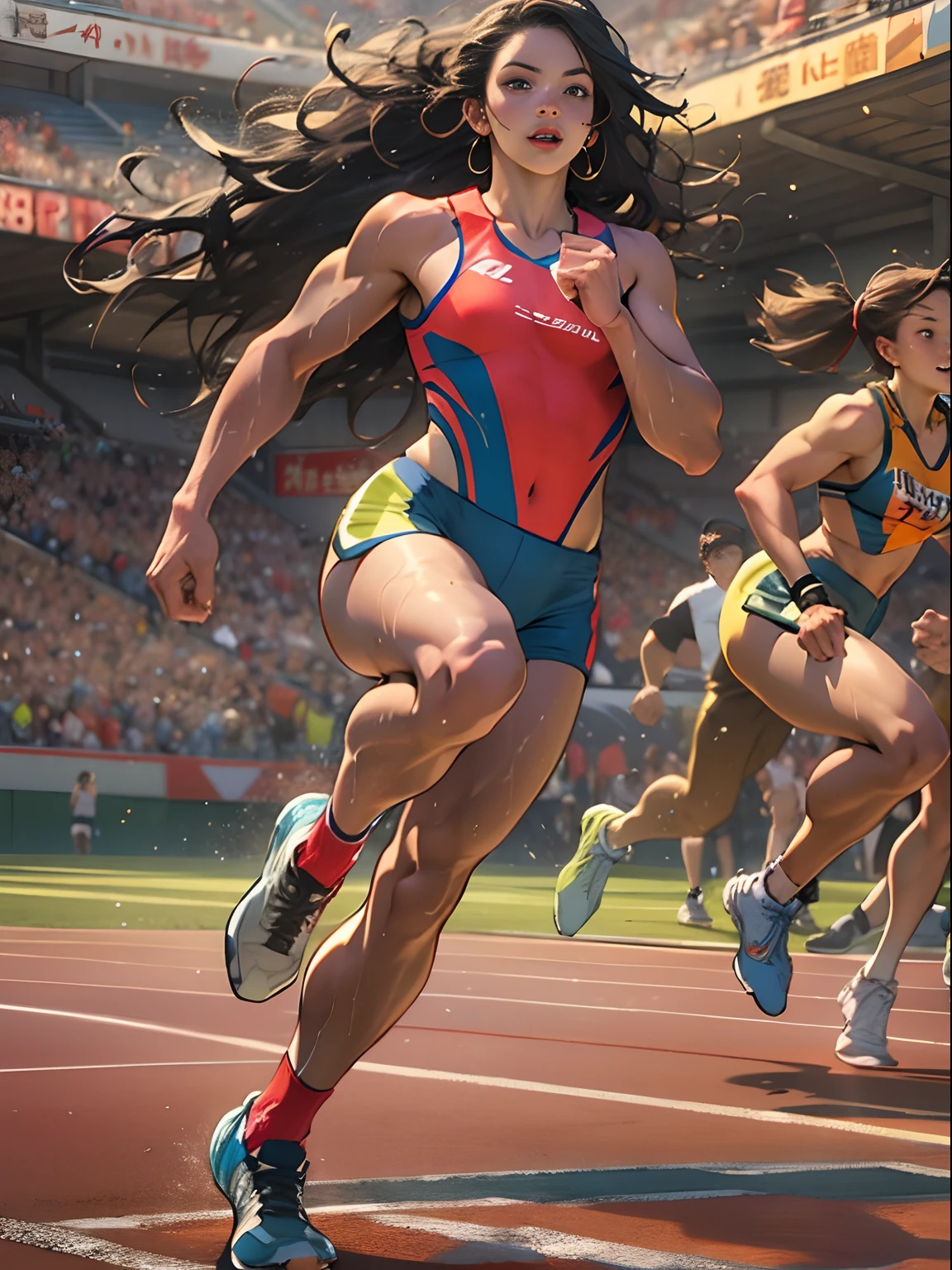 Strong female athlete, Wear high-end sportswear,Long flowing curly hair, Detailed muscle physique, Lifelike depiction, Sprint to the finish line,drenched all over the body,4K 分辨率. The stadium was packed with cheering crowds,detailedbackground,32k ULTRAHD, Best quality, Masterpiece, Super detail, High details