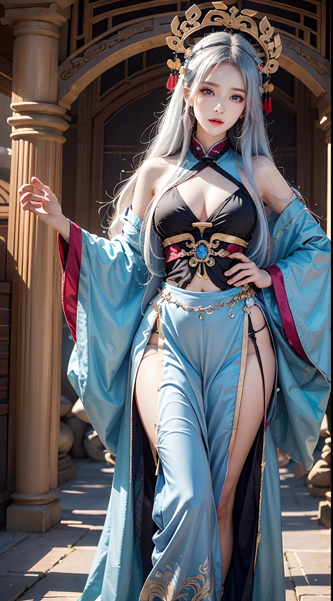 photorealistic, masterpiece, high resolution, soft light, mature female, silver hair, blue eyes, hips up, jewelry, xianxia, gorgeous purple hanfu, headdress
