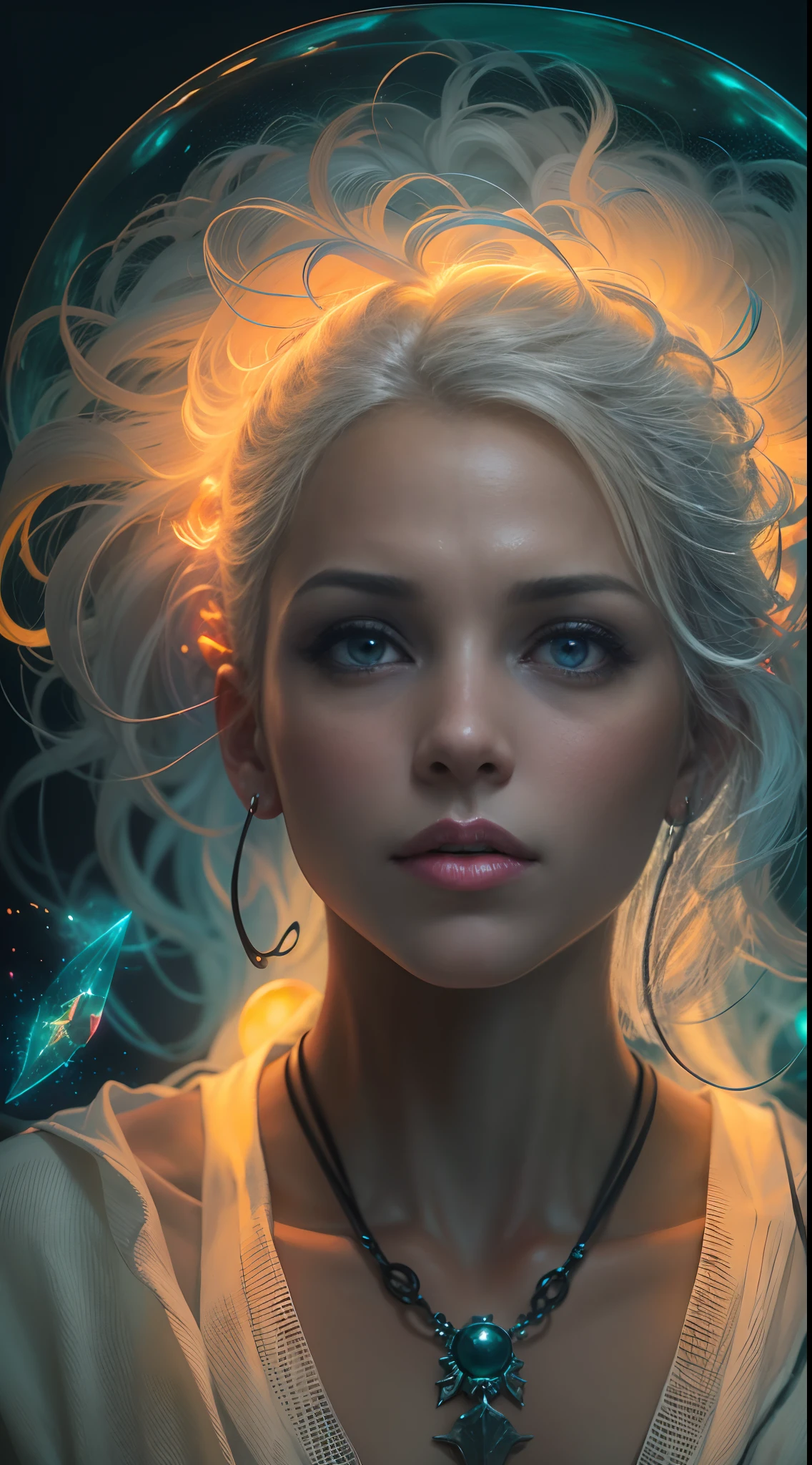 1 girl is 20 years old, A witch is neon lighting on hands, Otherworldly themes with dark fantasy and ethereal fantasy, Bright core with lots of magic orb backgrounds, fantastical realism,  La mejor calidad, highest qualityr, 8k, absurdo nada, High quality epic, extremadamente detallado, Piel ultra detallada, Stunningly Detailed, hiperrealista, Very high resolution, Ultra Fotorrealista,