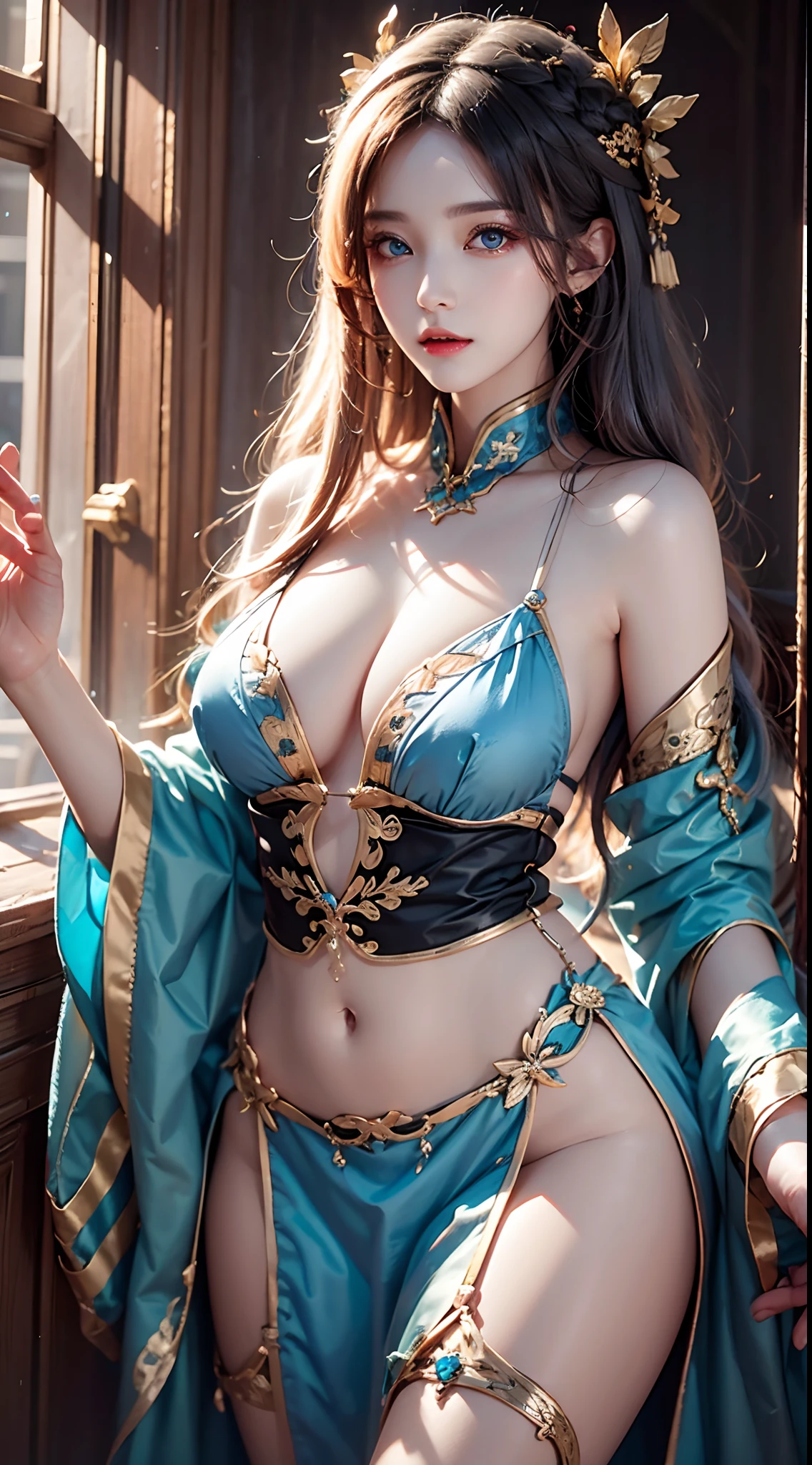 photorealistic, masterpiece, high resolution, soft light, mature female, silver hair, blue eyes, hips up, jewelry, xianxia, gorgeous purple hanfu, headdress