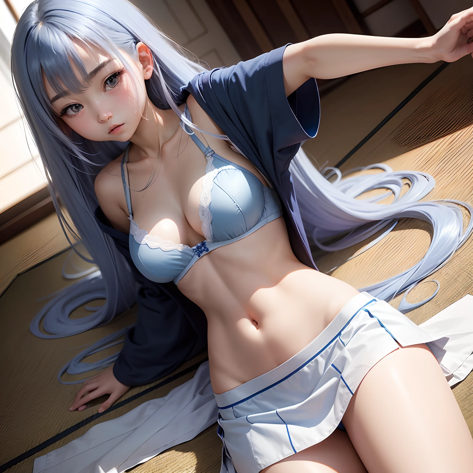 girl., Japanese nationality, Long blue hair, White bra, short skirt