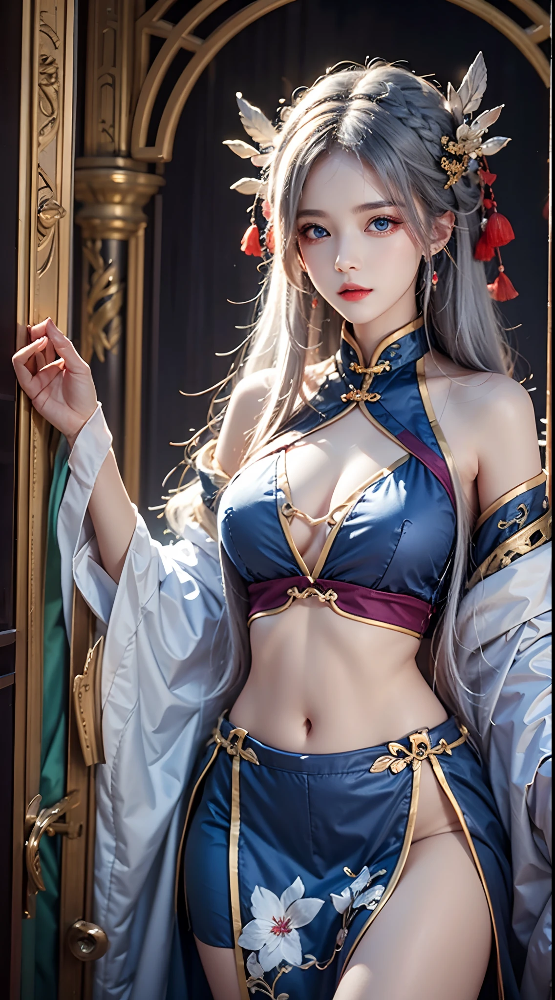 photorealistic, masterpiece, high resolution, soft light, mature female, silver hair, blue eyes, hips up, jewelry, xianxia, gorgeous purple hanfu, headdress