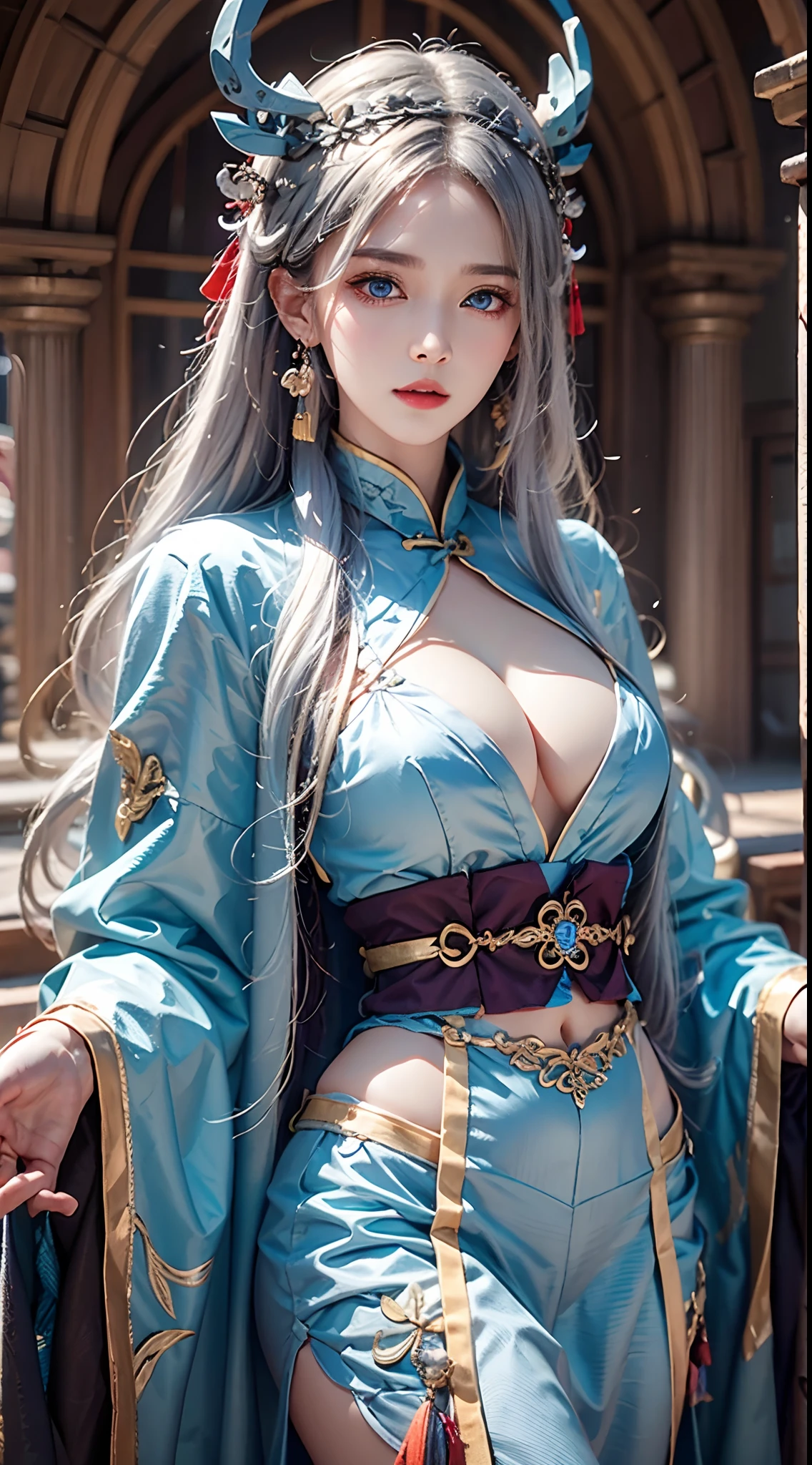 photorealistic, masterpiece, high resolution, soft light, mature female, silver hair, blue eyes, hips up, jewelry, xianxia, gorgeous purple hanfu, headdress