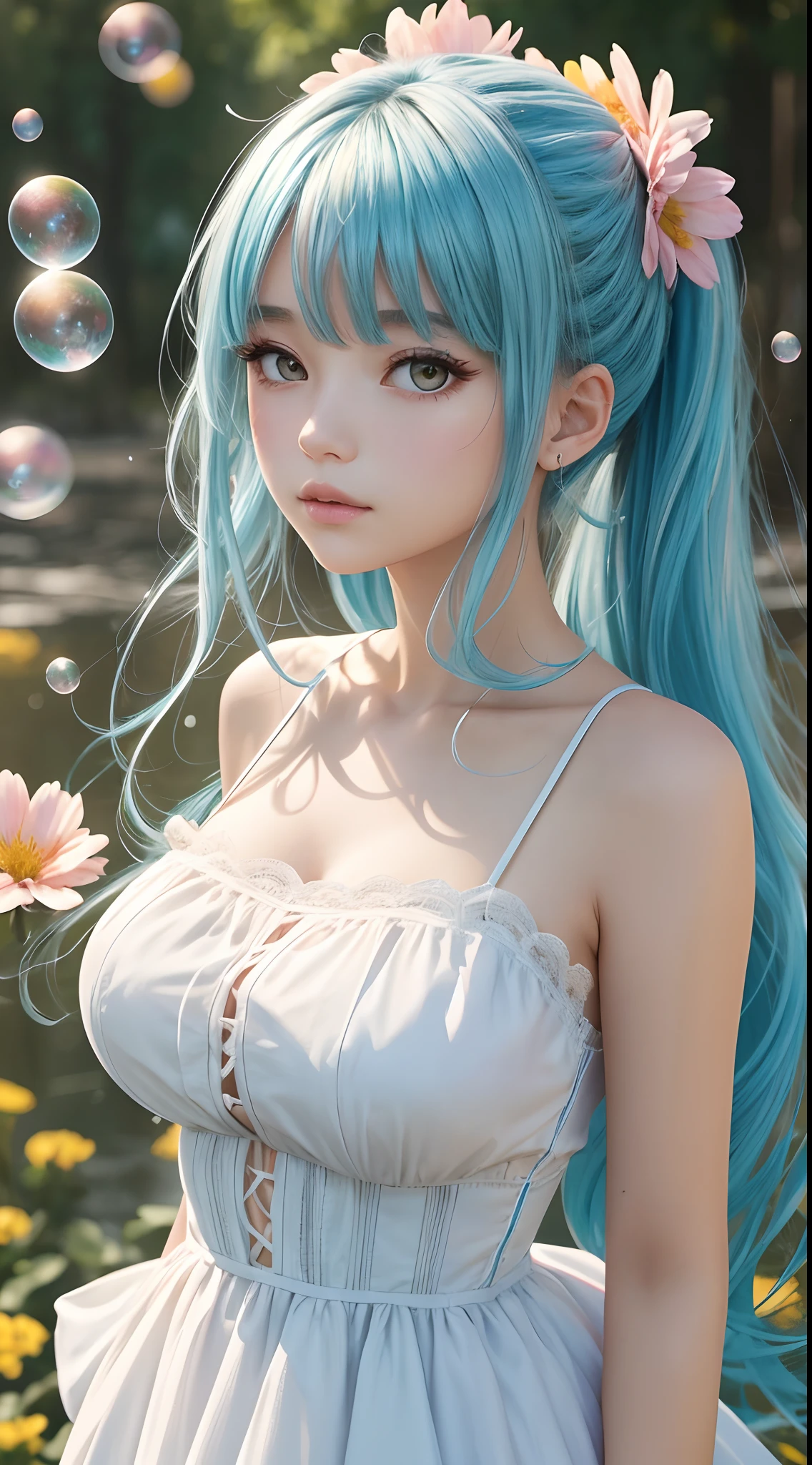 (Masterpiece), (Best quality), (Ultra detailed),(Disheveled hair),(illustration), (1girll), (Fashionable clothing), standing, Fashion model, Large breasts, (interview), (Simple background),Beautiful detailed eyes, Delicate beautiful face, Floating,(High saturation),(Colorful splashes),colorful bubble,(Shining), focus onface, pony tails, Kamiasto ayaka, Light blue hair, bangs, Hair ring, Floating flowers, Floating hairs, (Shining), BEST lighting, Best shadow,