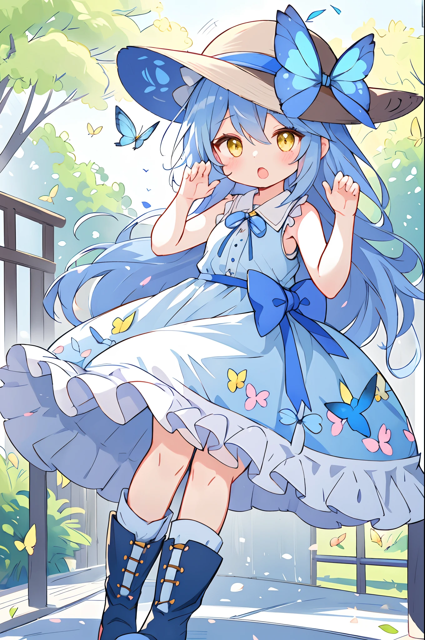 1人、blue ribbons、florals、Windy, That's why I'm wearing a hat、Yawning face、Longer dress、length hair、bow ribbon、Sleeveless、a straw fedora hat、Eye Up、yellow  eyes、Urban Park、butterflys々is flying、kawaii pose、I'm wearing cute boots、Stronger bokeh effect