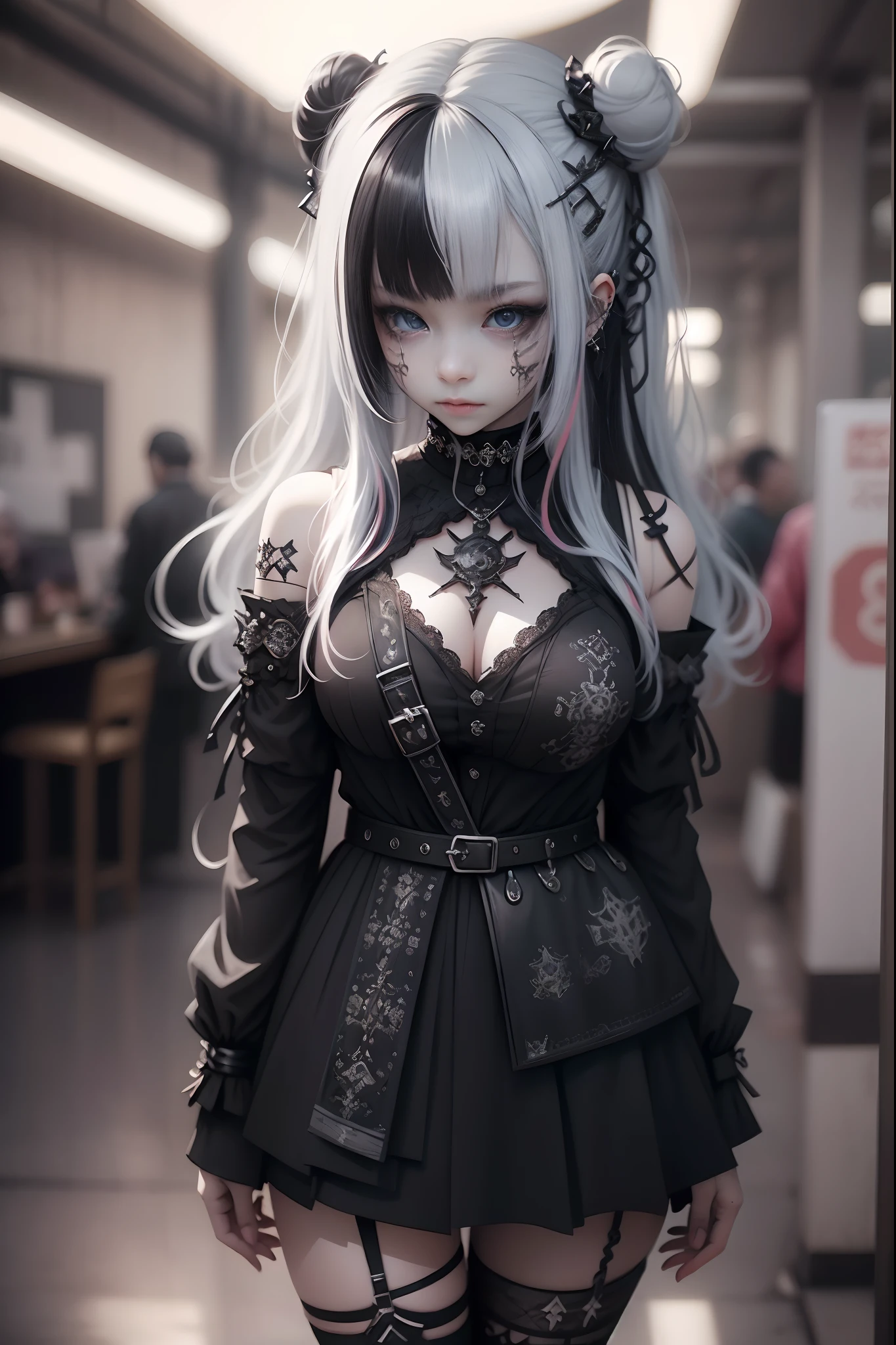 (RAW photo, best quality), (realistic, photo-realistic:1.5), masterpiece, an extremely delicate and beautiful, extremely detailed, CG, unity , 2k wallpaper, Amazing, finely detail, light smile, extremely detailed CG unity 8k wallpaper, huge filesize, ultra-detailed, highres, (black background:1.5), (dark room:1.3), (rim lighting:1.3), (dimly lit:1.3), (dark night:1.3), indoors, 1girl, [:(detailed face:1.2):0.2], soft light, (((long hair), low buns hirestyle, ((bwh,multicolor_hair)))), beautiful detailed girl, detailed fingers, extremely detailed eyes and face, ((blue eyes)), beautiful detailed nose, beautiful detailed eyes, long eyelashes, light on face, (closed mouth:1.2), 1girl, cute, young, mature face, (full body:1.3), ((large breasts)), realistic face, realistic body, beautiful detailed thigh, garterbelt,GothGal , woman wearing a ([garterbelt,lingerie|GothGal,dress,metal]::0.5),harness, leather straps, belt, chains, Goth_punk
