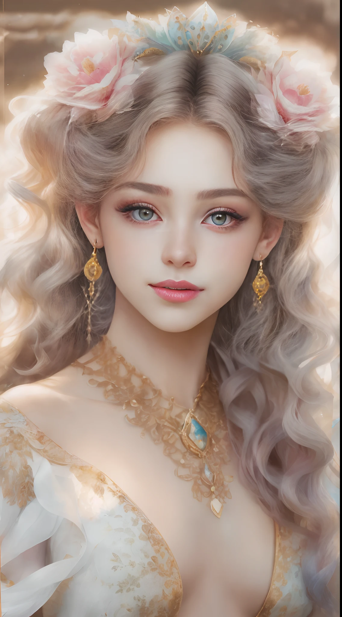 (Best quality, 4K, 8K, A high resolution, Masterpiece:1.2), Ultra-detailed, Realistic portrait of the upper body of an 18 year old aristocratic girl, Exquisite facial features,Clear and shiny eyes,Long curly hair details expressed, The posture is leisurely and natural,Graceful posture, The golden ratio of the head and body,Dreamy atmosphere, expressive brush strokes, mystical ambiance, Artistic interpretation,Delicately coiled hair,Floral filigree crystal diamond jewelry,Ultra-extreme detail,Exquisite details,Fresh aesthetics,Stunning intricate costumes, Fantasy illustration, Subtle colors and tones, mystical aura,The details have been upgraded