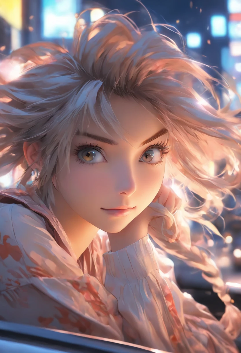 a woman leaning in her car on the street, in the style of luminous portraits, charming anime characters, photo-realistic techniques, chinapunk, 32k uhd, light silver and dark brown, wavy --ar 69:128 --s 750 --v 5.2