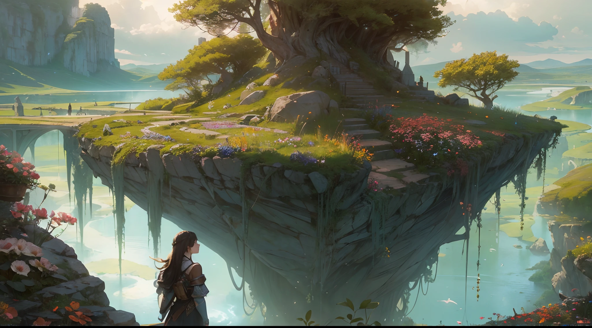 "(by Greg Rutkowski: 1.2), (masterpiece), (best quality), extremely delicate and beautiful, illustration, (fantasy landscape), A mesmerizing fantasy landscape with enchanting elements blending seamlessly. ((Meadowlands vibrant with flowers)), A sense of tranquility and wonder fills the air, inviting exploration and discovery. Providing a distant view that captures the grandeur and atmosphere. From Brian Froud and Carne Griffiths and Wadim Kashin and John William Waterhouse, 8K post-production, high resolution, hyperdetailed, depth of field, HDR, intricate"