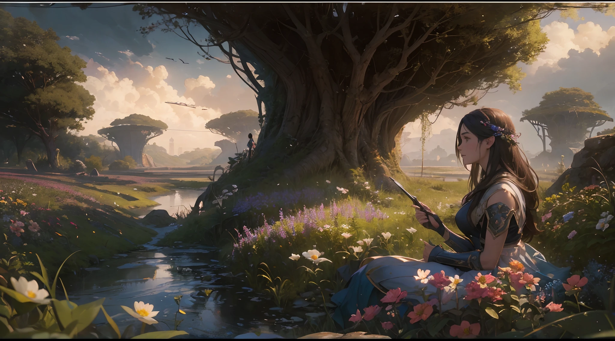"(by Greg Rutkowski: 1.2), (masterpiece), (best quality), extremely delicate and beautiful, illustration, (fantasy landscape), A mesmerizing fantasy landscape with enchanting elements blending seamlessly. ((Meadowlands vibrant with flowers)), A sense of tranquility and wonder fills the air, inviting exploration and discovery. Providing a distant view that captures the grandeur and atmosphere. From Brian Froud and Carne Griffiths and Wadim Kashin and John William Waterhouse, 8K post-production, high resolution, hyperdetailed, depth of field, HDR, intricate"
