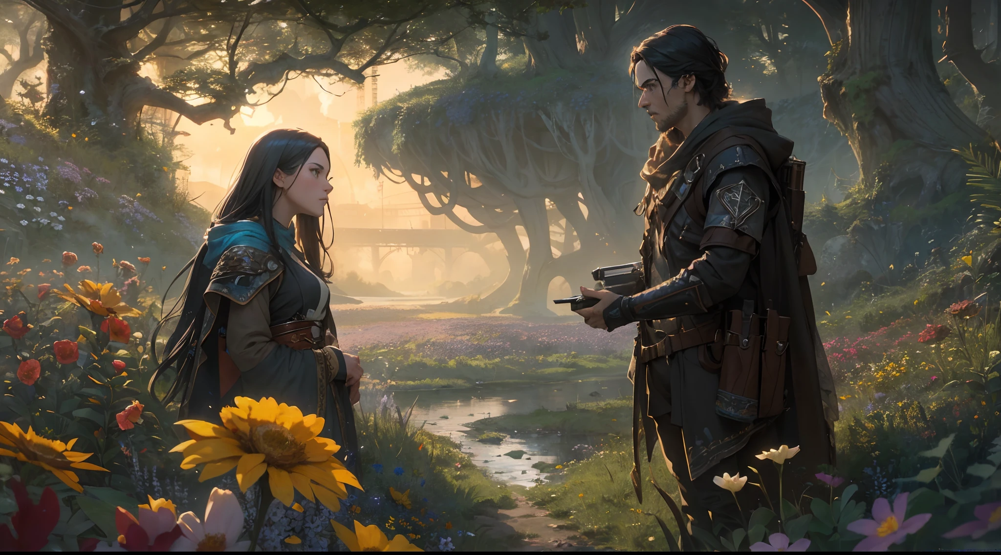 "(by Greg Rutkowski: 1.2), (masterpiece), (best quality), extremely delicate and beautiful, illustration, (fantasy landscape), A mesmerizing fantasy landscape with enchanting elements blending seamlessly. ((Meadowlands vibrant with flowers)), A sense of tranquility and wonder fills the air, inviting exploration and discovery. Providing a distant view that captures the grandeur and atmosphere. From Brian Froud and Carne Griffiths and Wadim Kashin and John William Waterhouse, 8K post-production, high resolution, hyperdetailed, depth of field, HDR, intricate"