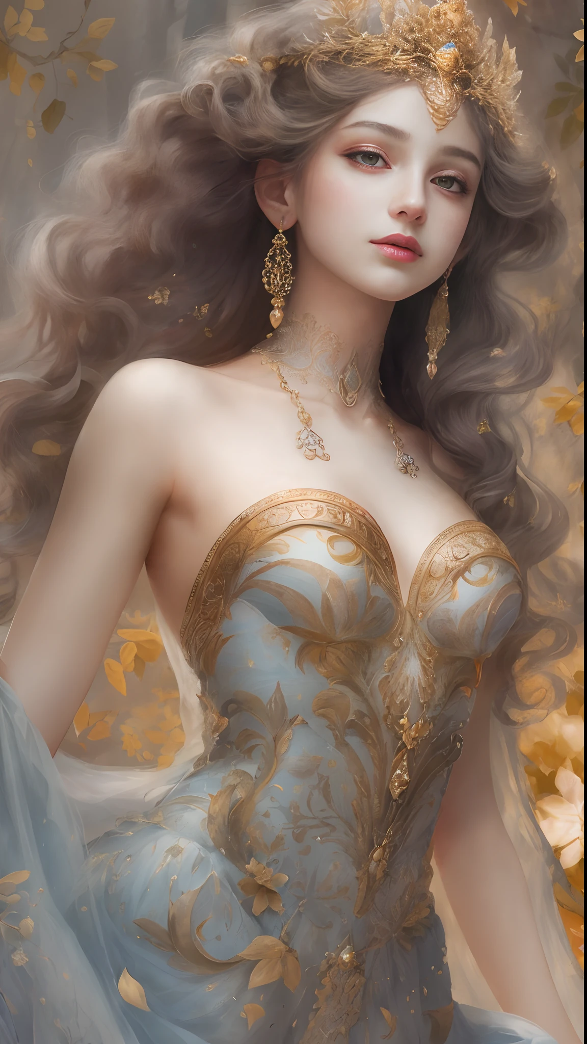 (Best quality, 4K, 8K, A high resolution, Masterpiece:1.2), Ultra-detailed, Realistic portrait of the upper body of an 18 year old aristocratic girl, Exquisite facial features，Clear and shiny eyes，Long curly hair details expressed, The posture is leisurely and natural，Graceful posture, The golden ratio of the head and body，Dreamy atmosphere, expressive brush strokes, mystical ambiance, Artistic interpretation,Delicately coiled hair，Floral filigree crystal diamond jewelry，Ultra-extreme detail，Exquisite details，Fresh aesthetics，Stunning intricate costumes, Fantasy illustration, Subtle colors and tones, mystical aura,The details have been upgraded