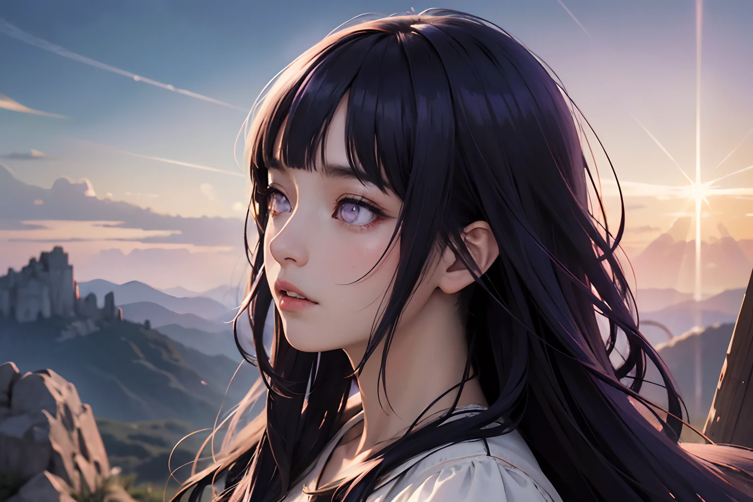 absurdres, highres, (official art, beautiful and aesthetic:1.2), close view,
shining sky, vast world, girl, gazing, awe-inspiring expression, distant horizon, clouds, high hill, natural beauty, inspiration, light effects,Blunt Bangs, purple eyes, long dark blue hair