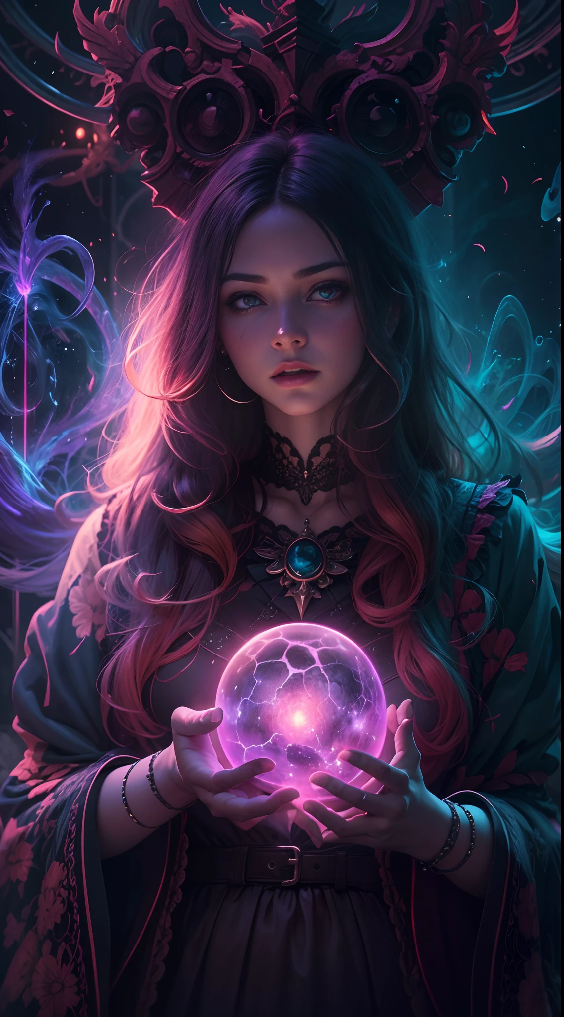 1 girl is 20 years old, A witch is neon lighting on hands, Otherworldly themes with dark fantasy and ethereal fantasy, Bright core with lots of magic orb backgrounds, fantastical realism,  La mejor calidad, highest qualityr, 8k, absurdo nada, High quality epic, extremadamente detallado, Piel ultra detallada, Stunningly Detailed, hiperrealista, Very high resolution, Ultra Fotorrealista,