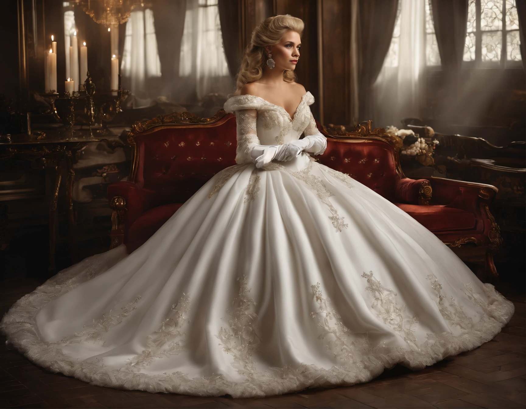 Best quality, Masterpiece, The noble queen wears a stately and exquisite royal wedding dress in white satin tulle，Wear extra-long white gloves，Decorated with a huge ribbon bow, Lace, frilld, Woven pleats, Embroidery and jewelry, With large puff sleeves, Hourglass waist and voluminous Crinoline hoop skirt, bustle, and trains, white long gloves, pearl necklace and earrings, Long, straight blonde hair draped in scatter