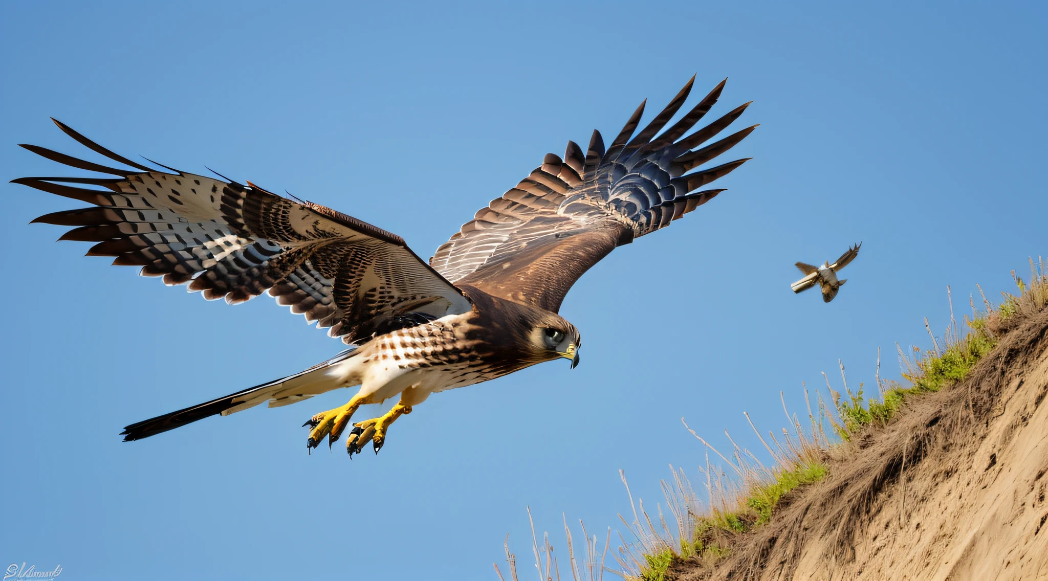 hawk (Accipitridae) flying in the blue sky in sunny day