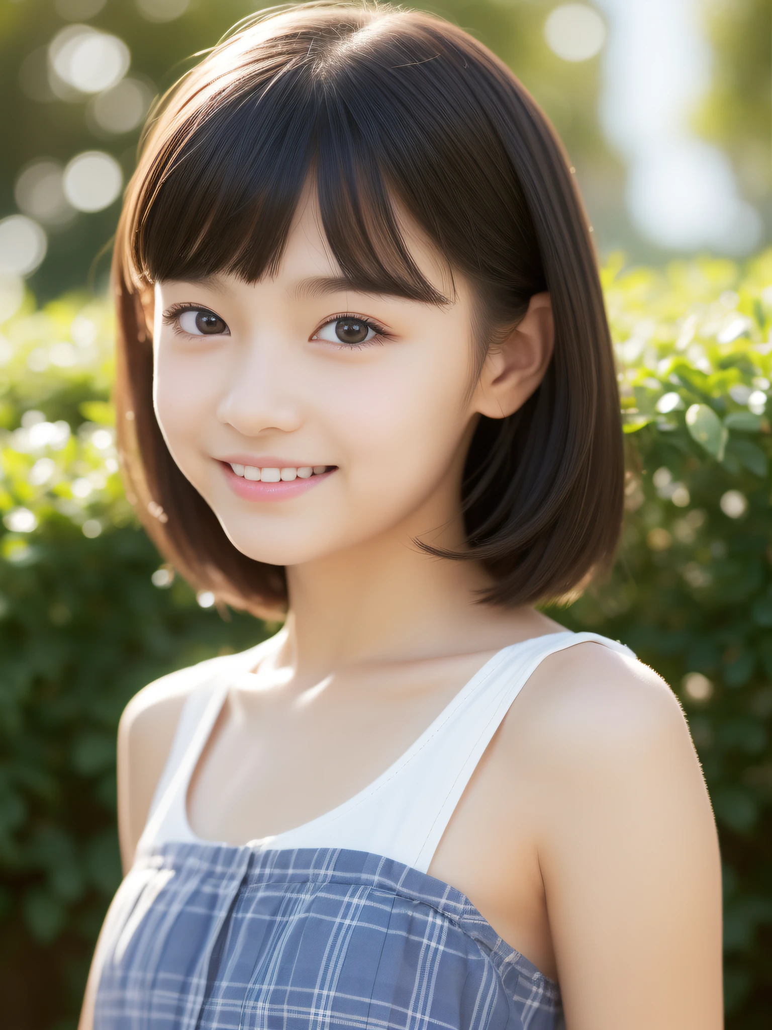 An  girl with short black hair wearing a pure white bikini