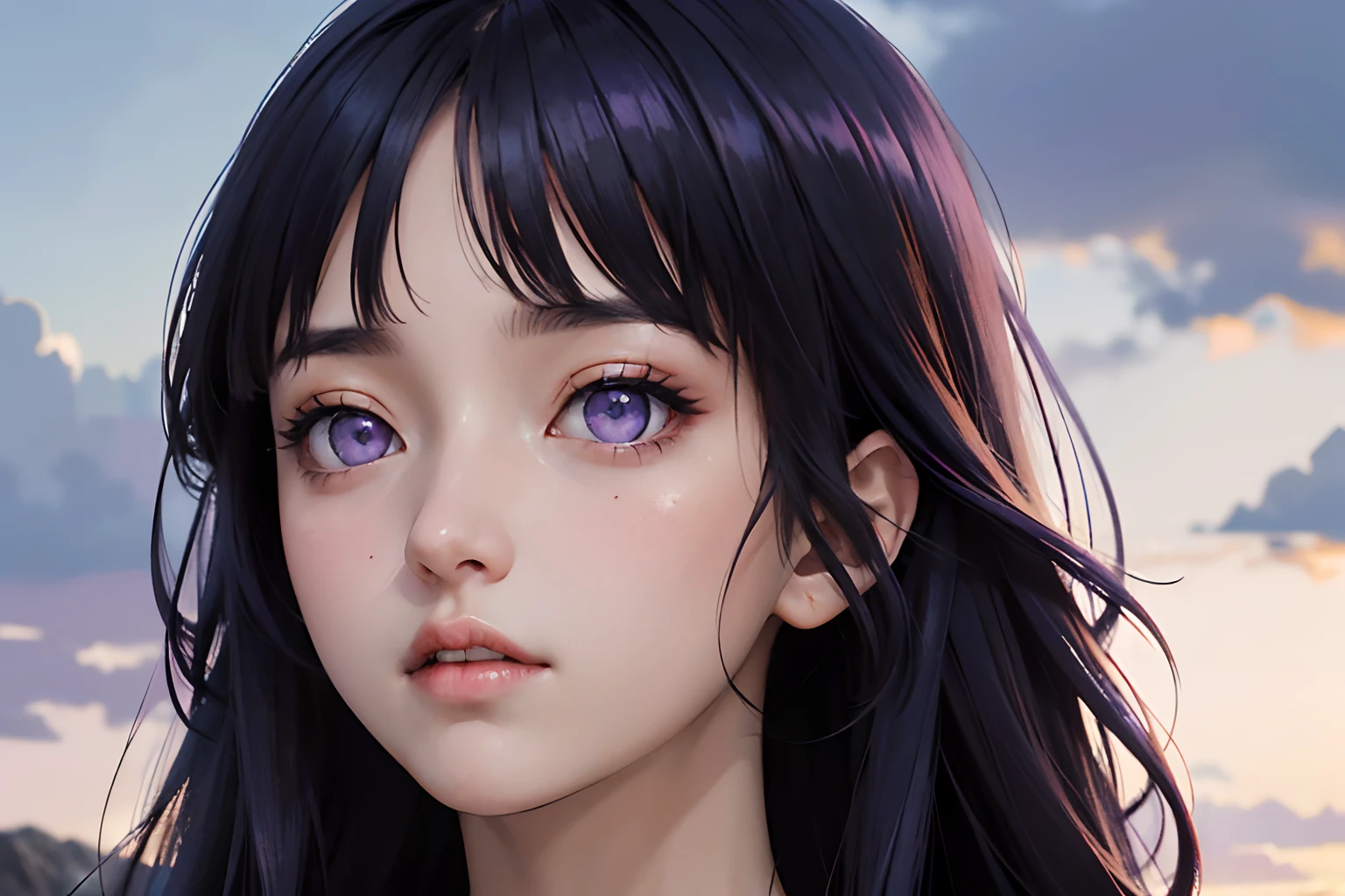 absurdres, highres, (official art, beautiful and aesthetic:1.2), close view,
shining sky, vast world, girl, gazing, awe-inspiring expression, distant horizon, clouds, high hill, natural beauty, inspiration, light effects,Blunt Bangs, purple eyes, long dark blue hair