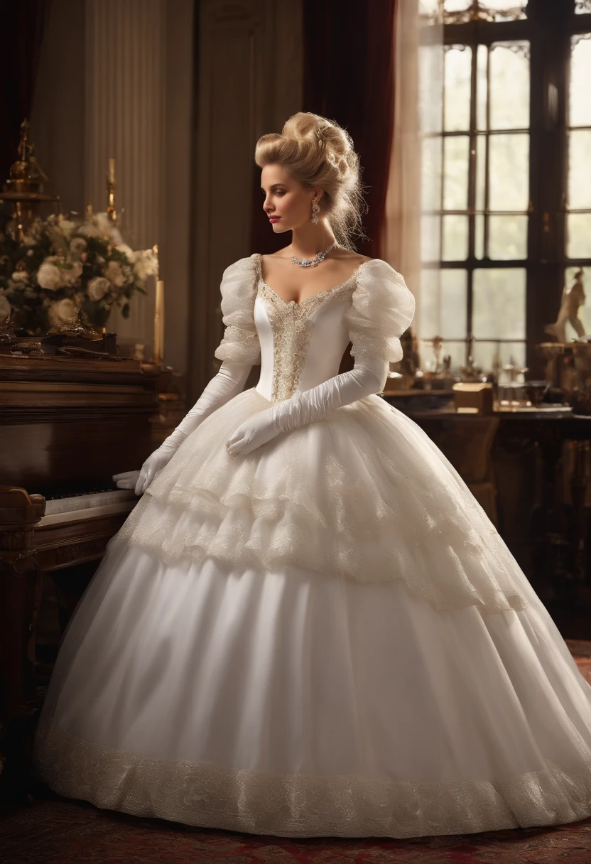 Best quality, Masterpiece, The noble queen wore a stately and delicate royal wedding dress in white satin tulle,Wear extra-long white gloves,Decorated with a huge ribbon bow, Lace, frilld, Woven pleats, Embroidery and jewelry, With large puff sleeves, Hourglass waist and voluminous Crinoline hoop skirt, bustle, and trains, white long gloves, pearl necklace and earrings, Long, Straight blonde hair draped loosely