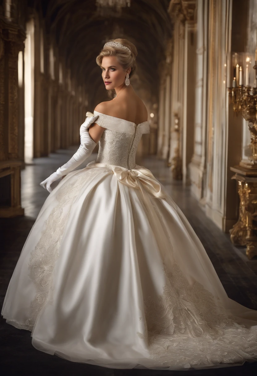 Best quality, Masterpiece, The noble queen wore a stately and delicate royal wedding dress in white satin tulle,Wear extra-long white gloves,Decorated with a huge ribbon bow, Lace, frilld, Woven pleats, Embroidery and jewelry, With large puff sleeves, Hourglass waist and voluminous Crinoline hoop skirt, bustle, and trains, white long gloves, pearl necklace and earrings, Long, Straight blonde hair draped loosely