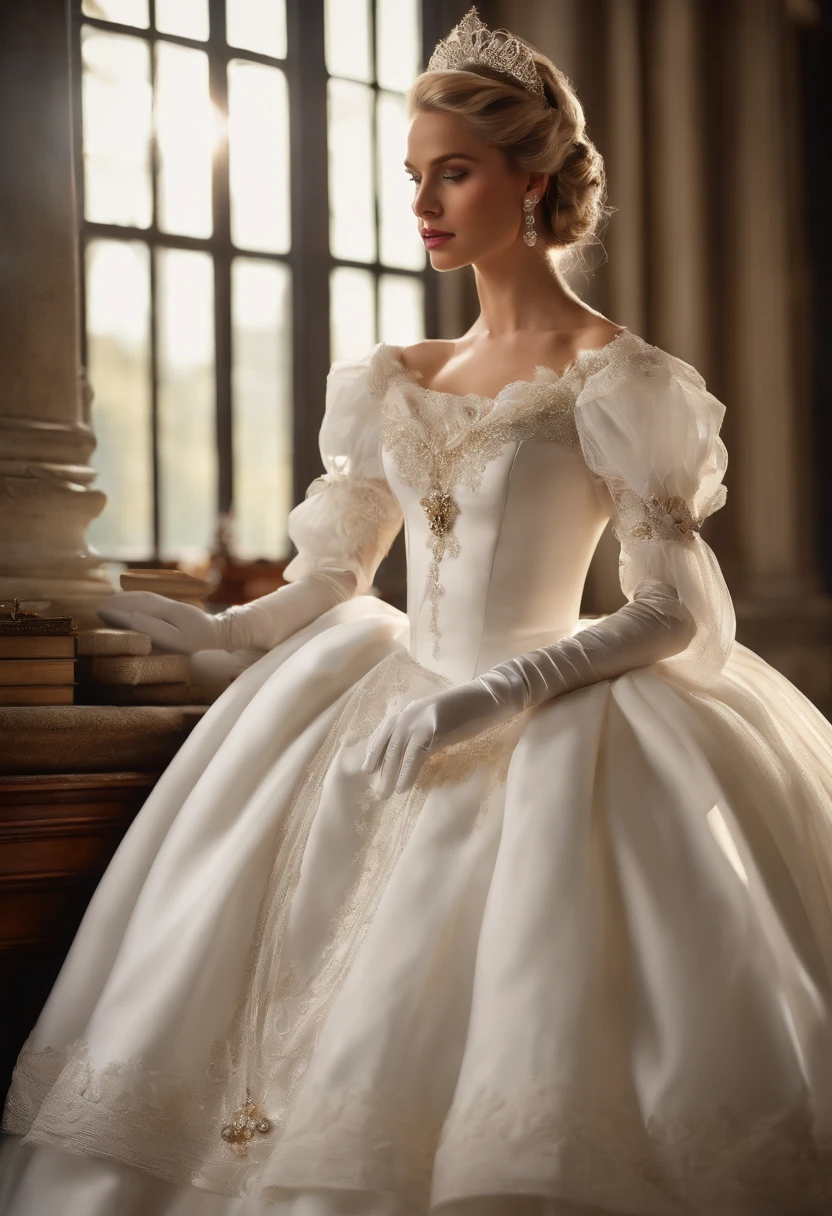 Best quality, Masterpiece, The noble queen wore a stately and delicate royal wedding dress in white satin tulle,Wear extra-long white gloves,Decorated with a huge ribbon bow, Lace, frilld, Woven pleats, Embroidery and jewelry, With large puff sleeves, Hourglass waist and voluminous Crinoline hoop skirt, bustle, and trains, white long gloves, pearl necklace and earrings, Long, Straight blonde hair draped loosely