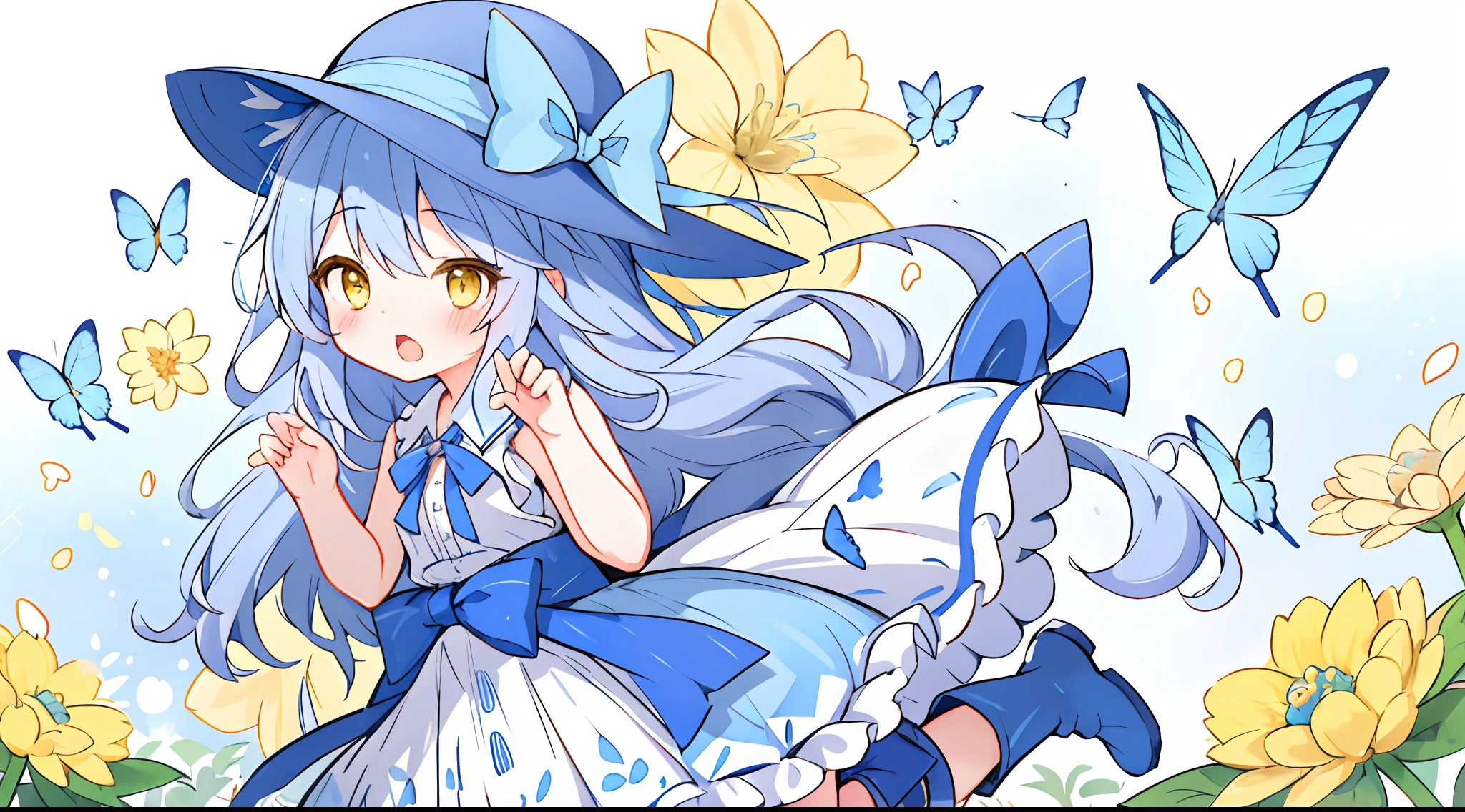 女の子1人、blue ribbons、florals、Windy, That's why I'm wearing a hat、Yawning face、Longer dress、length hair、bow ribbon、Sleeveless、a straw fedora hat、Eye Up、yellow  eyes、Urban Park、butterflys々is flying、kawaii pose、I'm wearing cute boots、Stronger bokeh effect