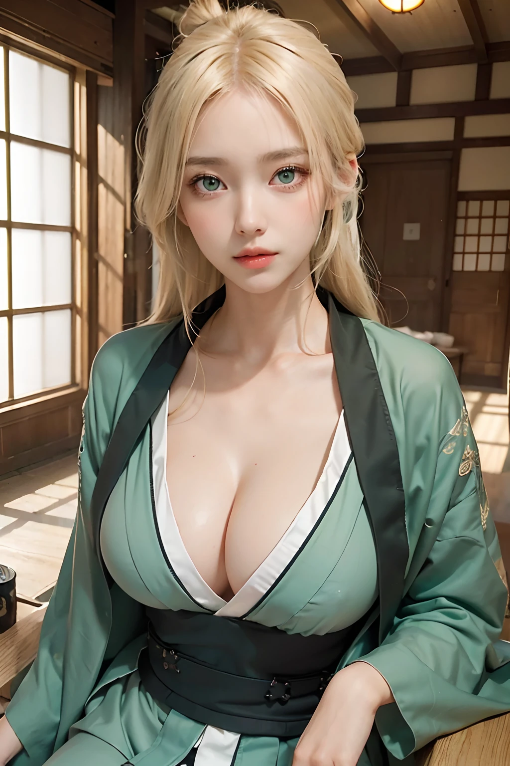 best quality, masterpiece, (photorealistic:1.4), 1girl, raw, ultra hd, dramatical light, glowing skin, blonde long hair, green eyes,smirk, big boobs, kimono, japanesse girl, side parted bangs
