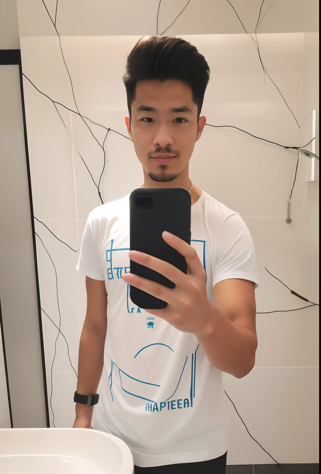 there is a man taking a selfie in the bathroom mirror, 8k selfie photograph, very very low quality picture, mirror selfie, in tshirt, wearing in shirt, full body picture, very accurate photo, wearing a t-shirt, dressed in a white t shirt, standing in front of a mirror, front profile!!!!, with accurate face, old picture.change into action image