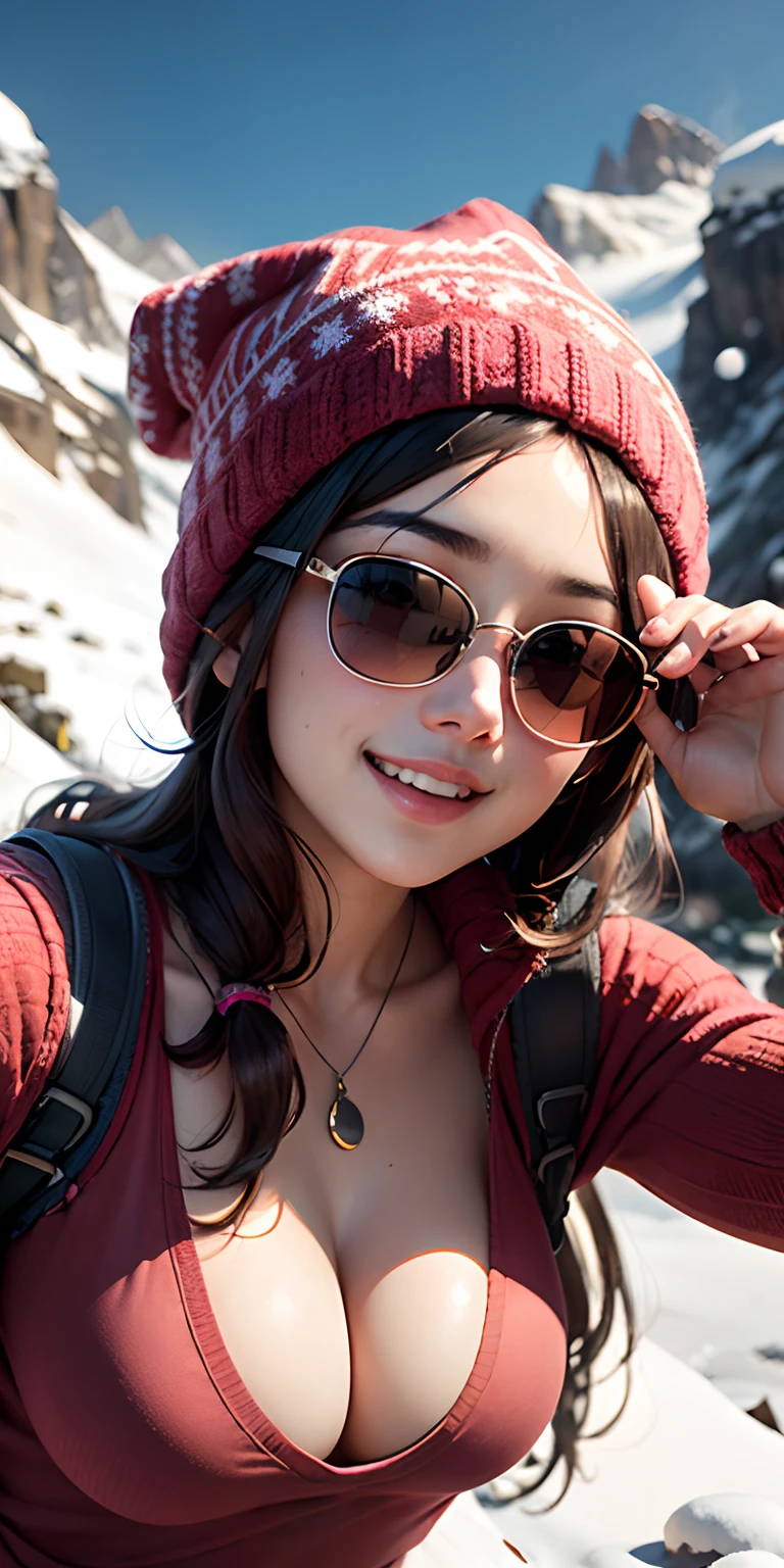 realisticlying、19-year-old girl wearing a knitted hat、Wearing sunglasses Looking up from under a snowy mountain、Wear mountaineering clothes、Sexy Poses Sexy、Cleavage emphasis、Face smile