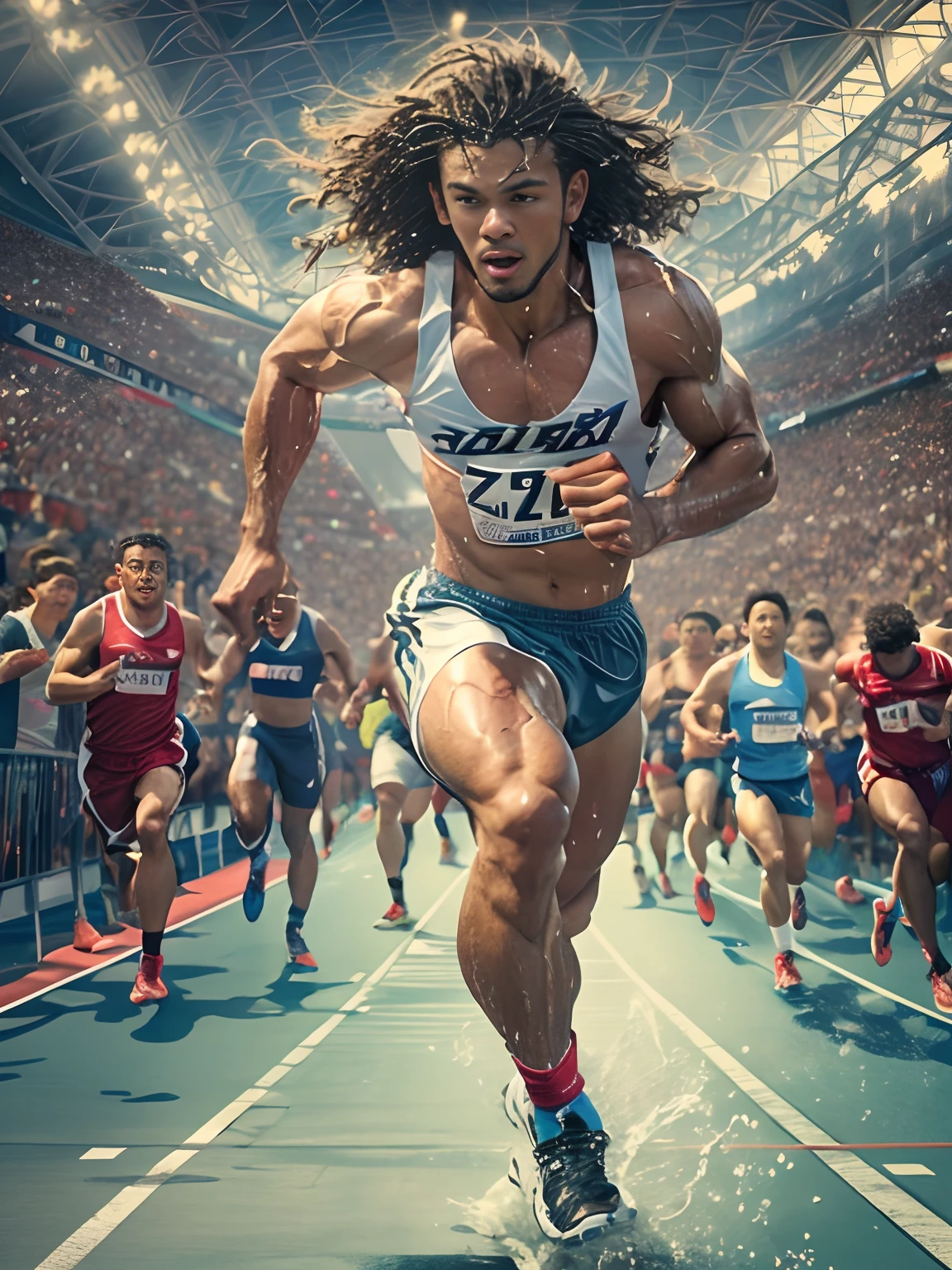 Strong male athlete, Wear high-end sportswear,Long flowing curly hair, Lifelike depiction, Sprint to the finish line,drenched all over the body,4K 分辨率. The stadium was packed with cheering crowds,detailedbackground,32k ULTRAHD, Best quality, Masterpiece, Super detail, High details