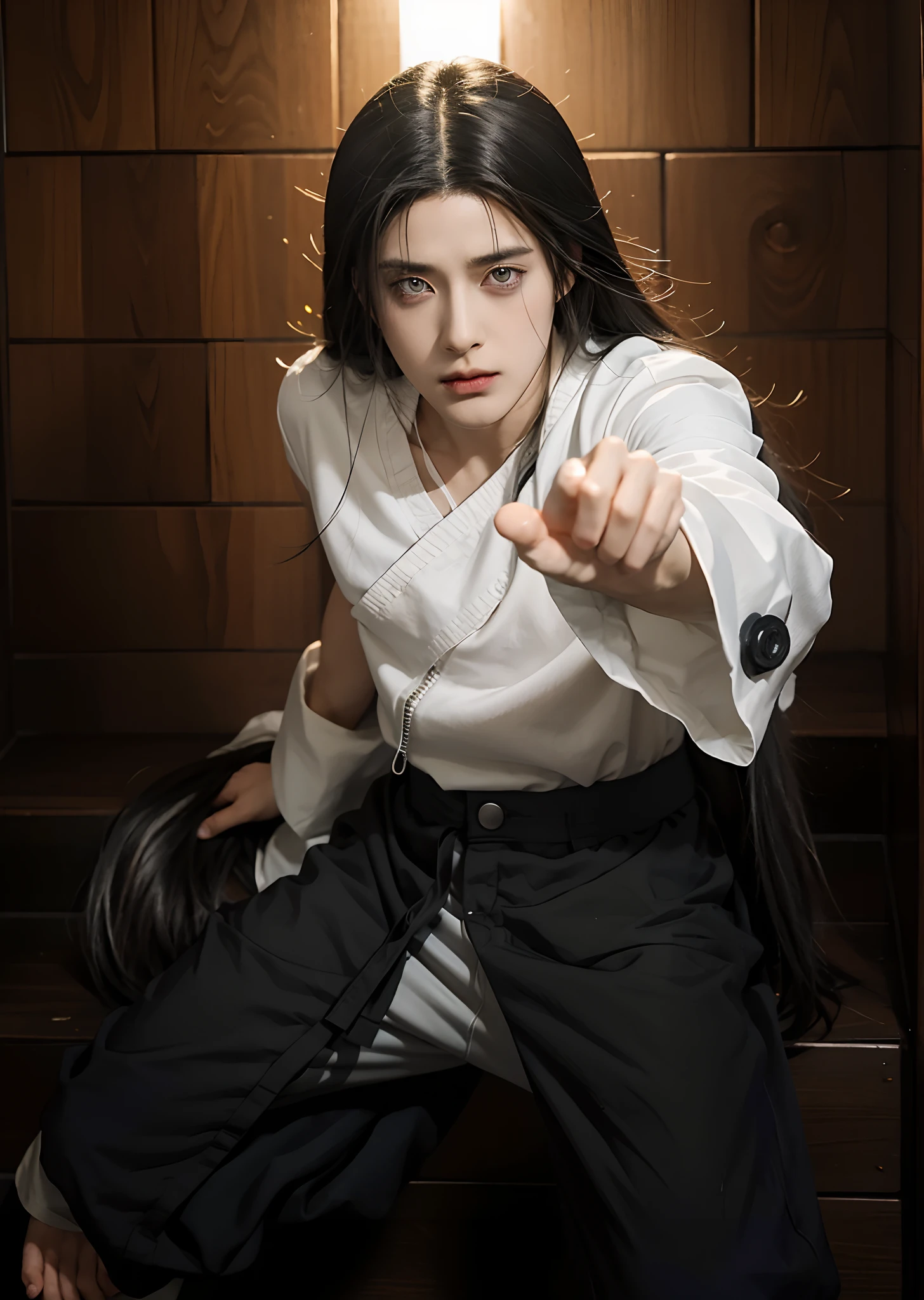 1male, hyuga neji in anime naruto shippuden, long hair , black hair, white eyes, handsome, white clothes, realistic clothes, detail clothes, beach city background, ultra detail, realistic