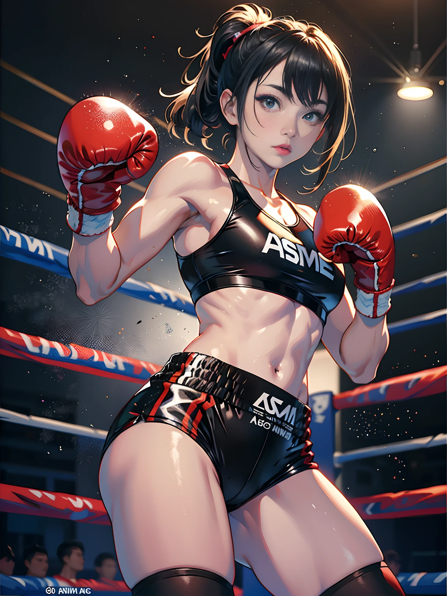 Asian Games,boxing match,boxing gloves,musculature,Handsome girl,eyes with brightness,