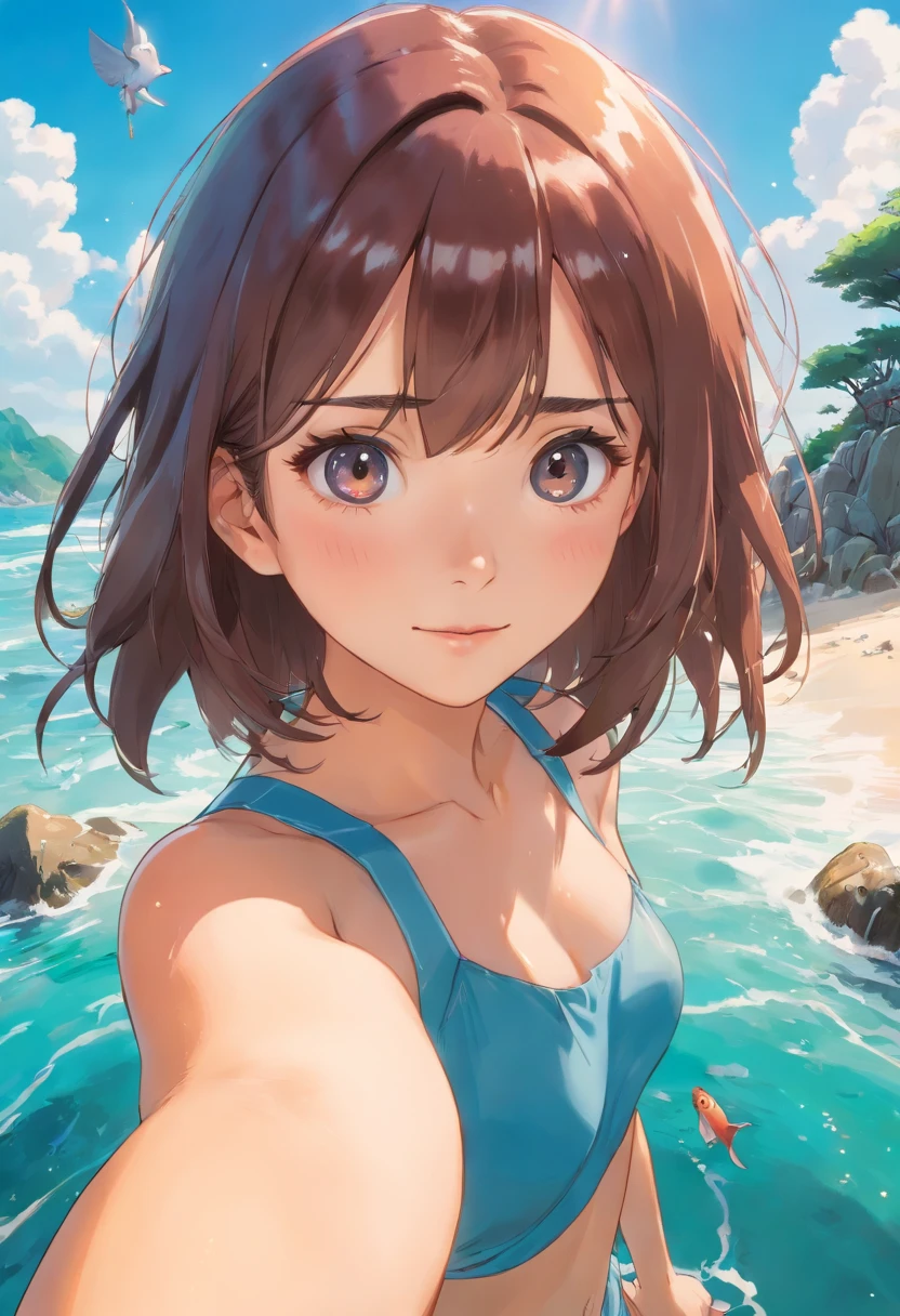 Selfie, photo with gopro camera beautiful girl from Hong Kong, com roupa de banho sexy na praia, Wet, sorrir, Sharp face, soft lighting, lente olho de peixe, Brilho solar,