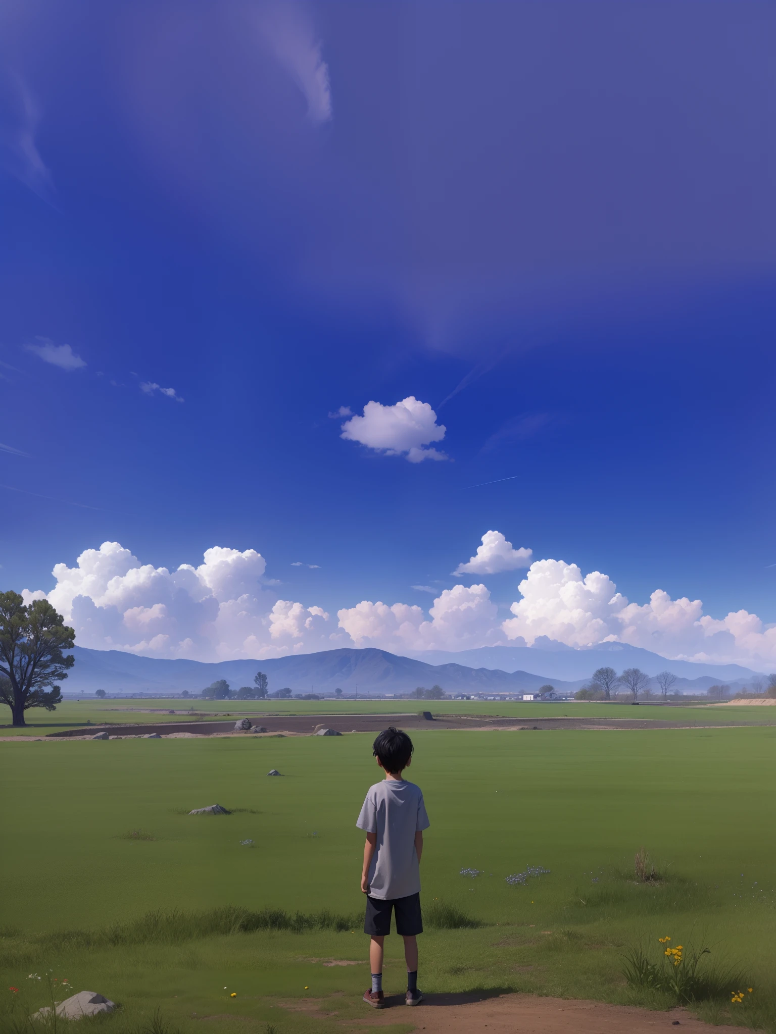 Capture a poignant scene of a small boy standing alone in a desolate, barren landscape. He is on a desperate journey to find his mother, his face marked with determination and hope. The land around him is devoid of life, with cracked earth and leafless trees stretching out into the distance. The sky above is a stark, cloudless blue, casting harsh shadows on the ground. This image is rendered in a hyper-realistic style, with high-resolution 16K detail. The lighting is harsh and direct, emphasizing the harsh conditions of the environment. The colors are muted and desaturated, reflecting the bleakness of the scene. The shot is taken with a wide-angle lens, with a composition that places the boy in the center of the frame, emphasizing his solitude. --ar 16:9 --v 5.1 --style raw --q 2 --s 750