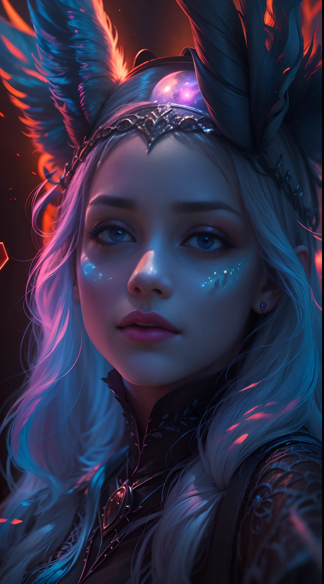 1 girl is 20 years old, A witch is neon lighting on hands, Otherworldly themes with dark fantasy and ethereal fantasy, Bright core with lots of magic orb backgrounds, fantastical realism, La mejor calidad, highest qualityr, 8k, absurdo nada, High quality epic, extremadamente detallado, Piel ultra detallada, Stunningly Detailed, hiperrealista, Very high resolution, Ultra Fotorrealista,
