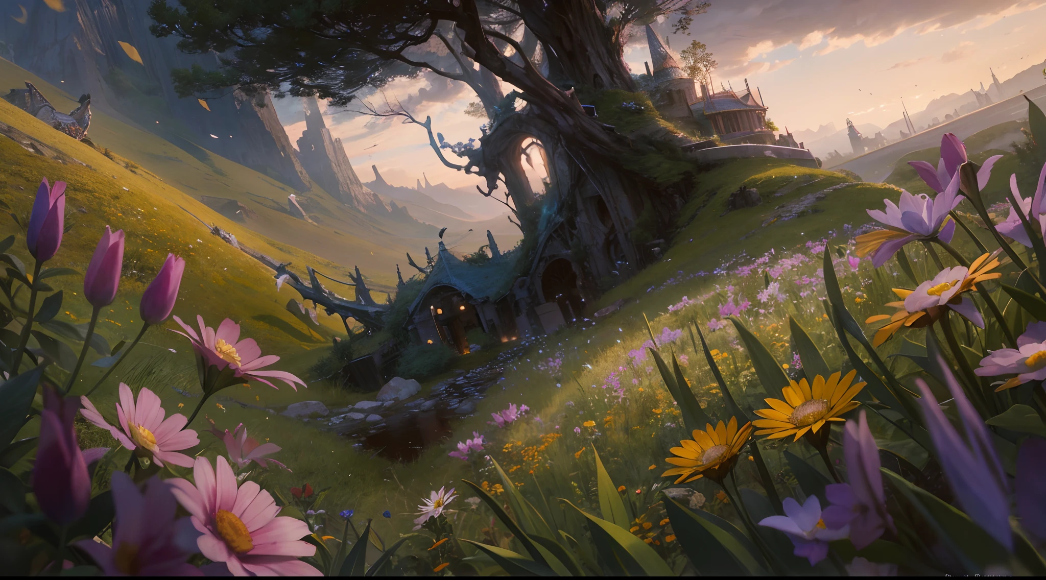 "(by Greg Rutkowski: 1.2), (masterpiece), (best quality), extremely delicate and beautiful, illustration, (fantasy landscape), A mesmerizing fantasy landscape with enchanting elements blending seamlessly. ((Meadowlands vibrant with flowers)), A sense of tranquility and wonder fills the air, inviting exploration and discovery. Providing a distant view that captures the grandeur and atmosphere. From Brian Froud and Carne Griffiths and Wadim Kashin and John William Waterhouse, 8K post-production, high resolution, hyperdetailed, depth of field, HDR, intricate"