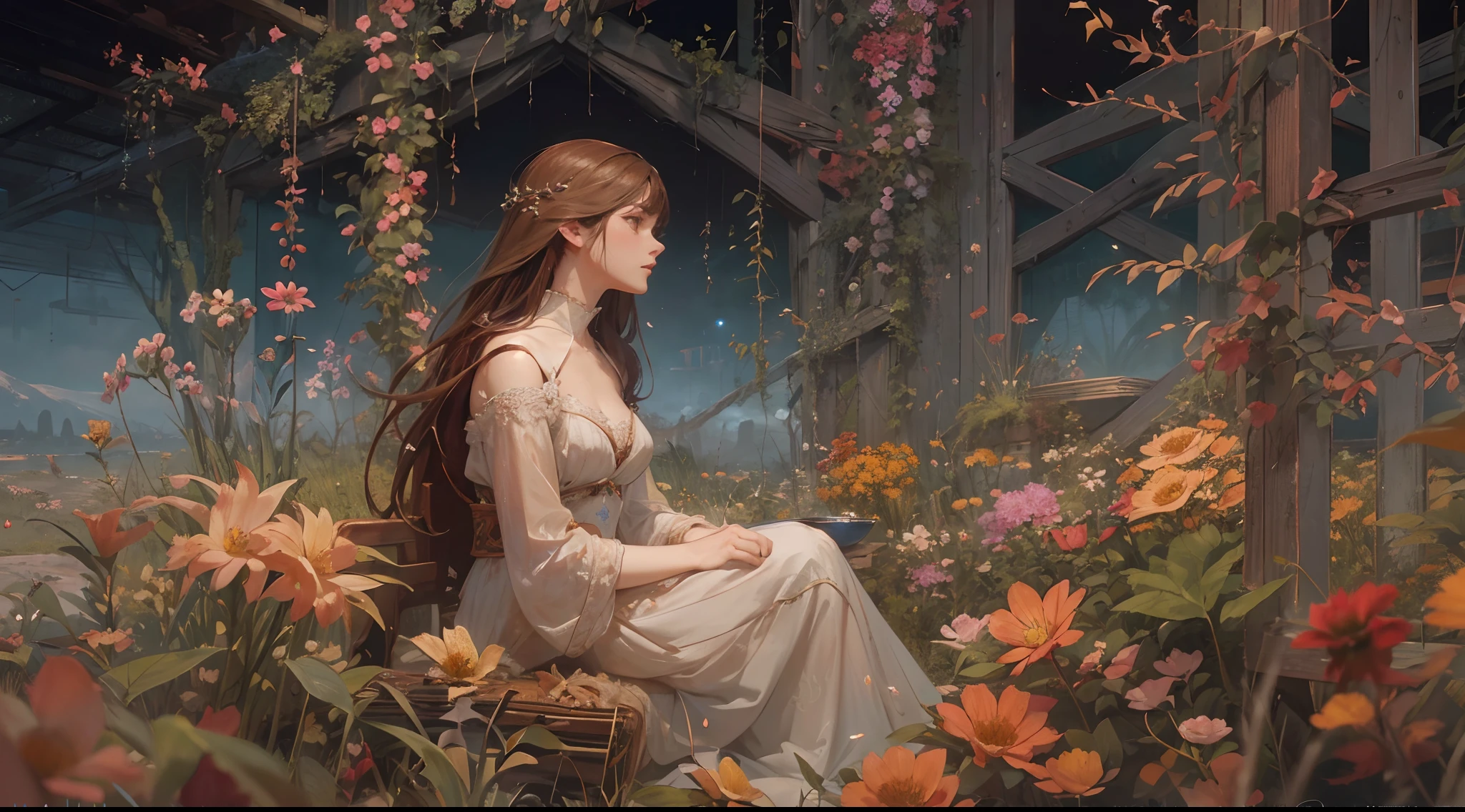 "(by Greg Rutkowski: 1.2), (masterpiece), (best quality), extremely delicate and beautiful, illustration, (fantasy landscape), A mesmerizing fantasy landscape with enchanting elements blending seamlessly. ((Meadowlands vibrant with flowers)), A sense of tranquility and wonder fills the air, inviting exploration and discovery. Providing a distant view that captures the grandeur and atmosphere. From Brian Froud and Carne Griffiths and Wadim Kashin and John William Waterhouse, 8K post-production, high resolution, hyperdetailed, depth of field, HDR, intricate"