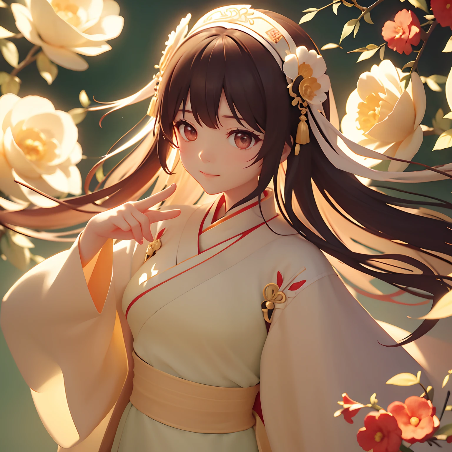 Movie Angle，（Cute girls，anatomy correct，full bodyesbian，Masterpiece camellia，Masterpiece Hanfu，ssmile），（illustratio，paper art，3Drenderingof），（plethora of colors，Best quality，high detal，tmasterpiece，Cinematic lighting effects，4K，Chiaroscuro）