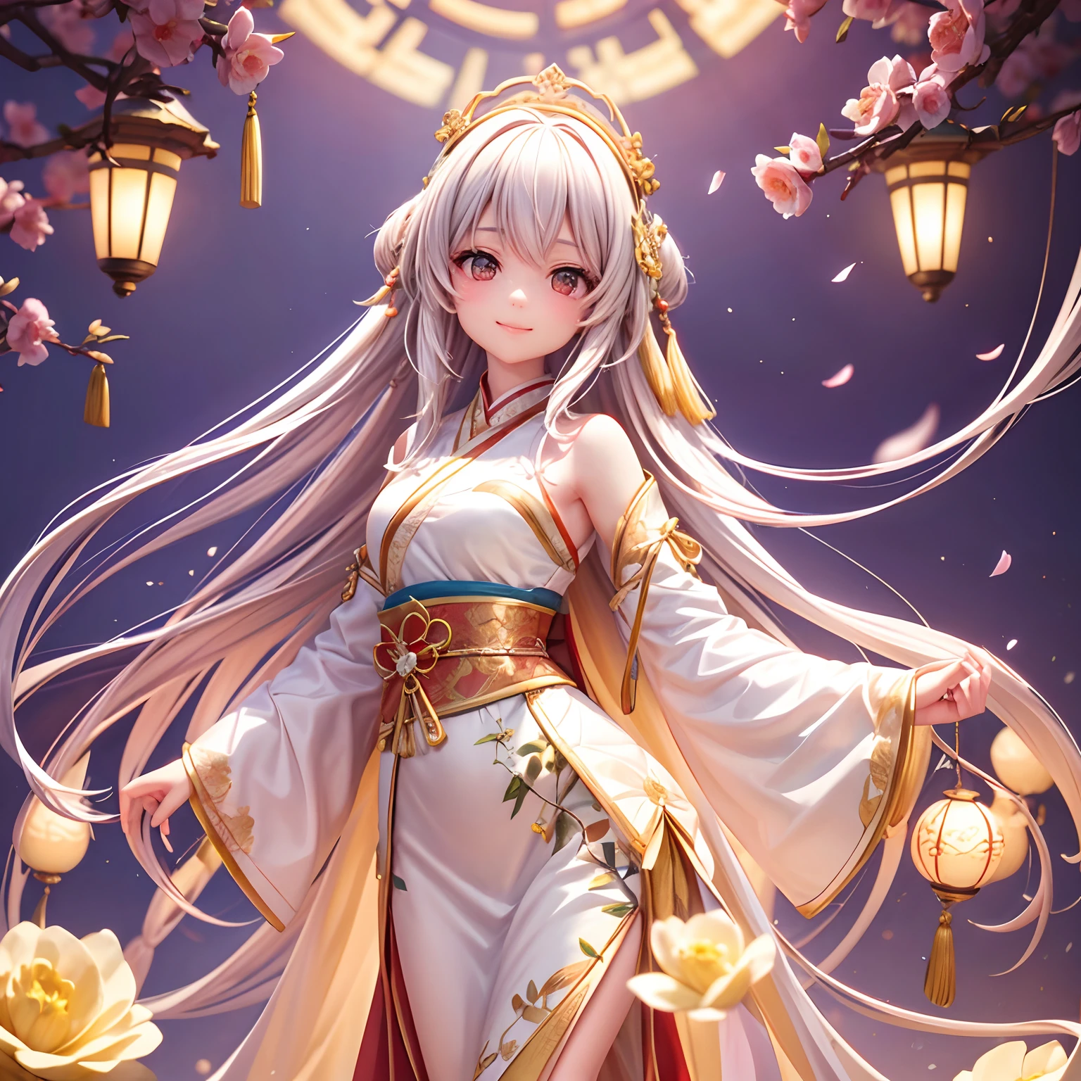 Movie Angle,(Cute girls,anatomy correct,full bodyesbian,Masterpiece camellia,Masterpiece Hanfu,ssmile),(illustratio,paper art,3Drenderingof),(plethora of colors,Best quality,high detal,tmasterpiece,Cinematic lighting effects,4K,Chiaroscuro)