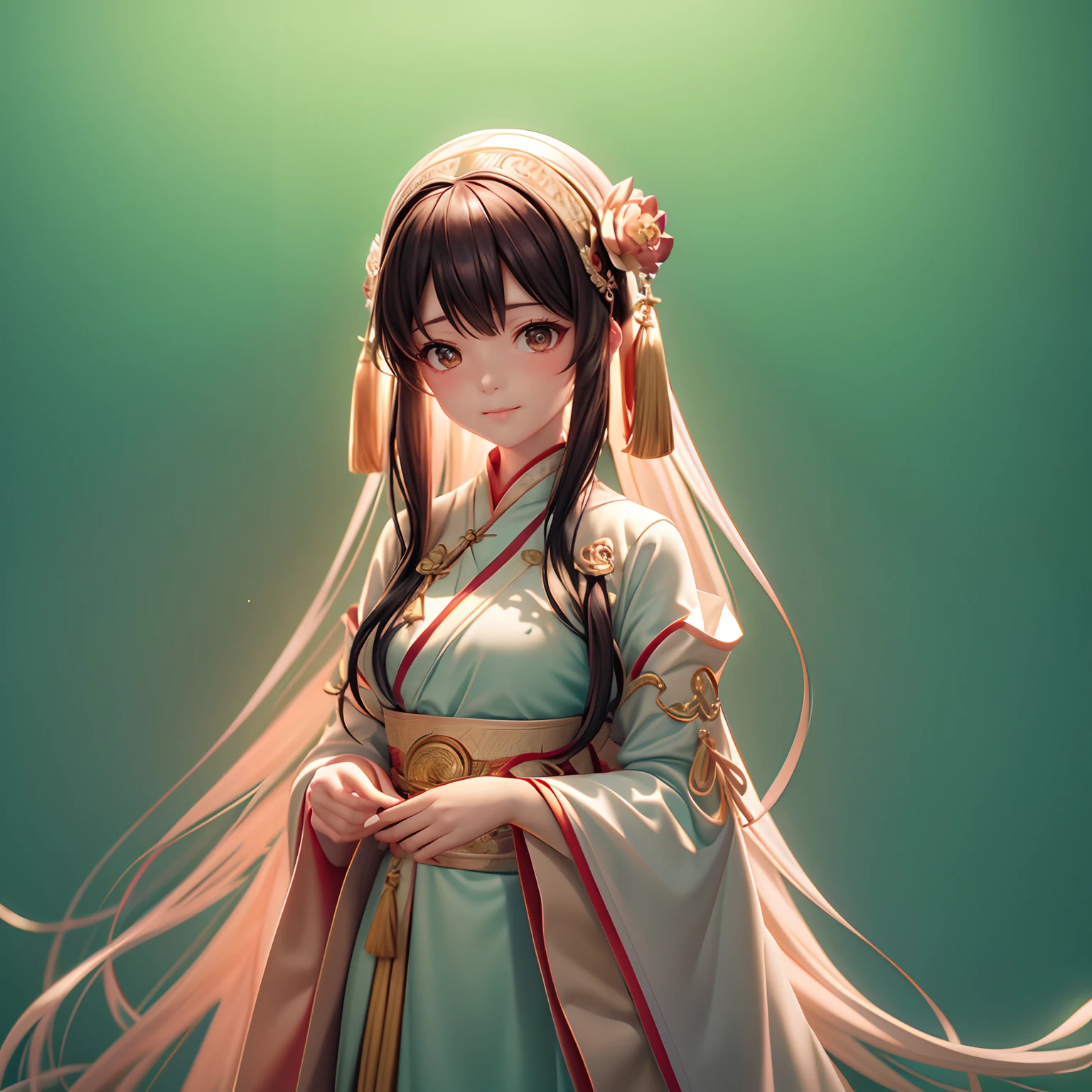 Movie Angle，（Cute girls，anatomy correct，full bodyesbian，Masterpiece camellia，Masterpiece Hanfu，ssmile），（illustratio，paper art，3Drenderingof），（plethora of colors，Best quality，high detal，tmasterpiece，Cinematic lighting effects，4K，Chiaroscuro）