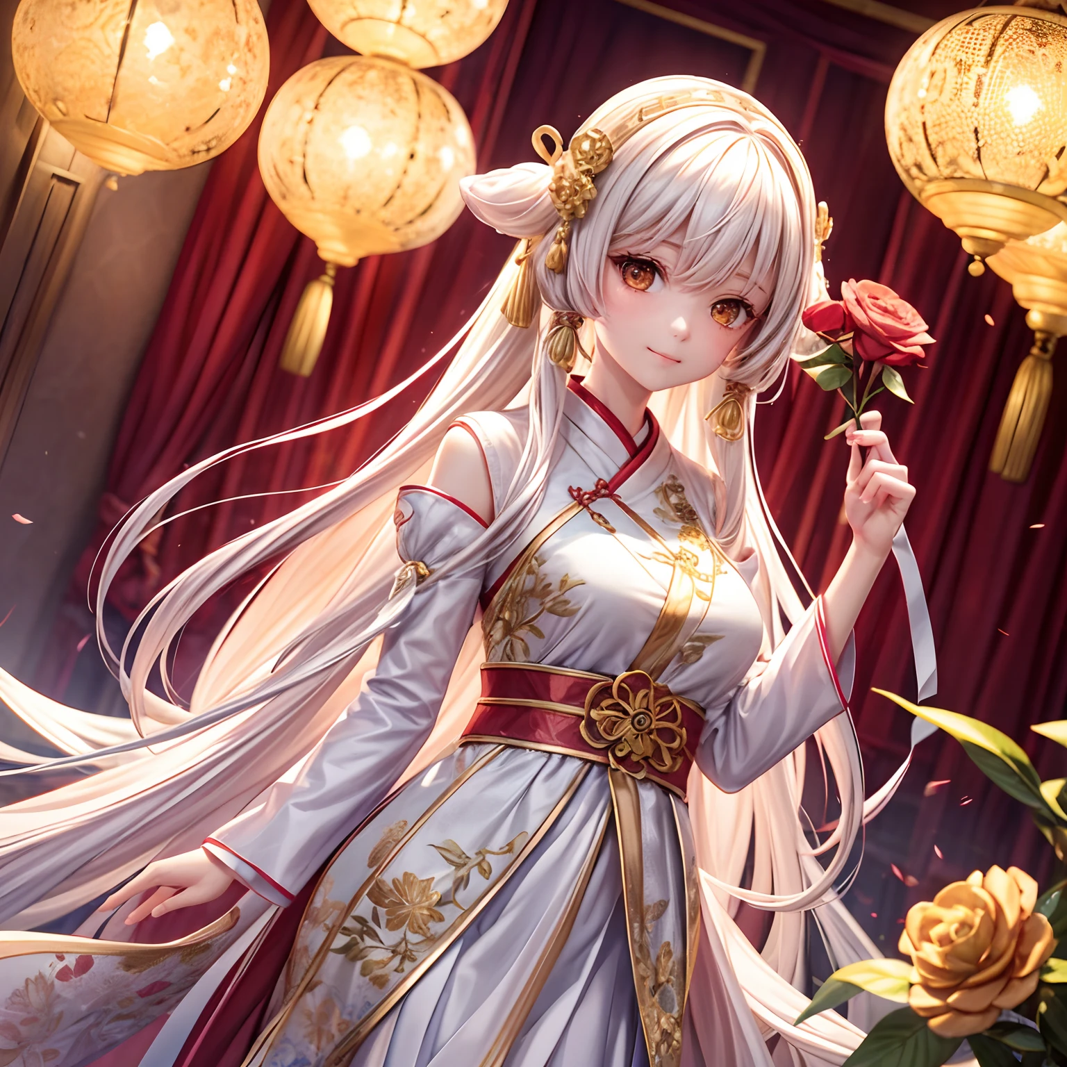 Movie Angle，（Cute girls，??????? correct，full bodyesbian，Masterpiece camellia，Masterpiece Hanfu，ssmile），（illustratio，paper art，3Drenderingof），（plethora of colors，Best quality，high detal，tmasterpiece，Cinematic lighting effects，4K，Chiaroscuro）