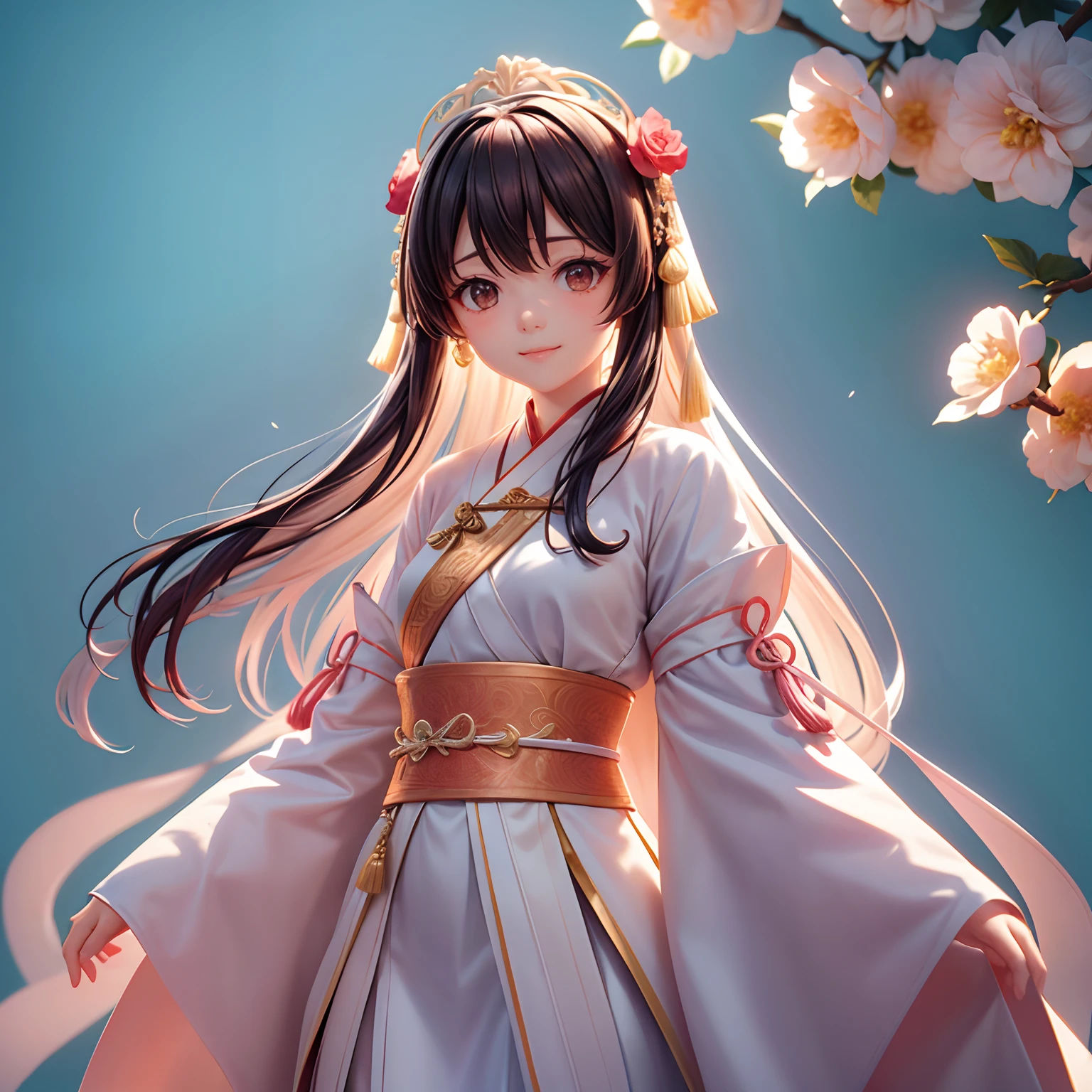Movie Angle,(Cute girls,anatomy correct,full bodyesbian,Masterpiece camellia,Masterpiece Hanfu,ssmile),(illustratio,paper art,3Drenderingof),(plethora of colors,Best quality,high detal,tmasterpiece,Cinematic lighting effects,4K,Chiaroscuro)