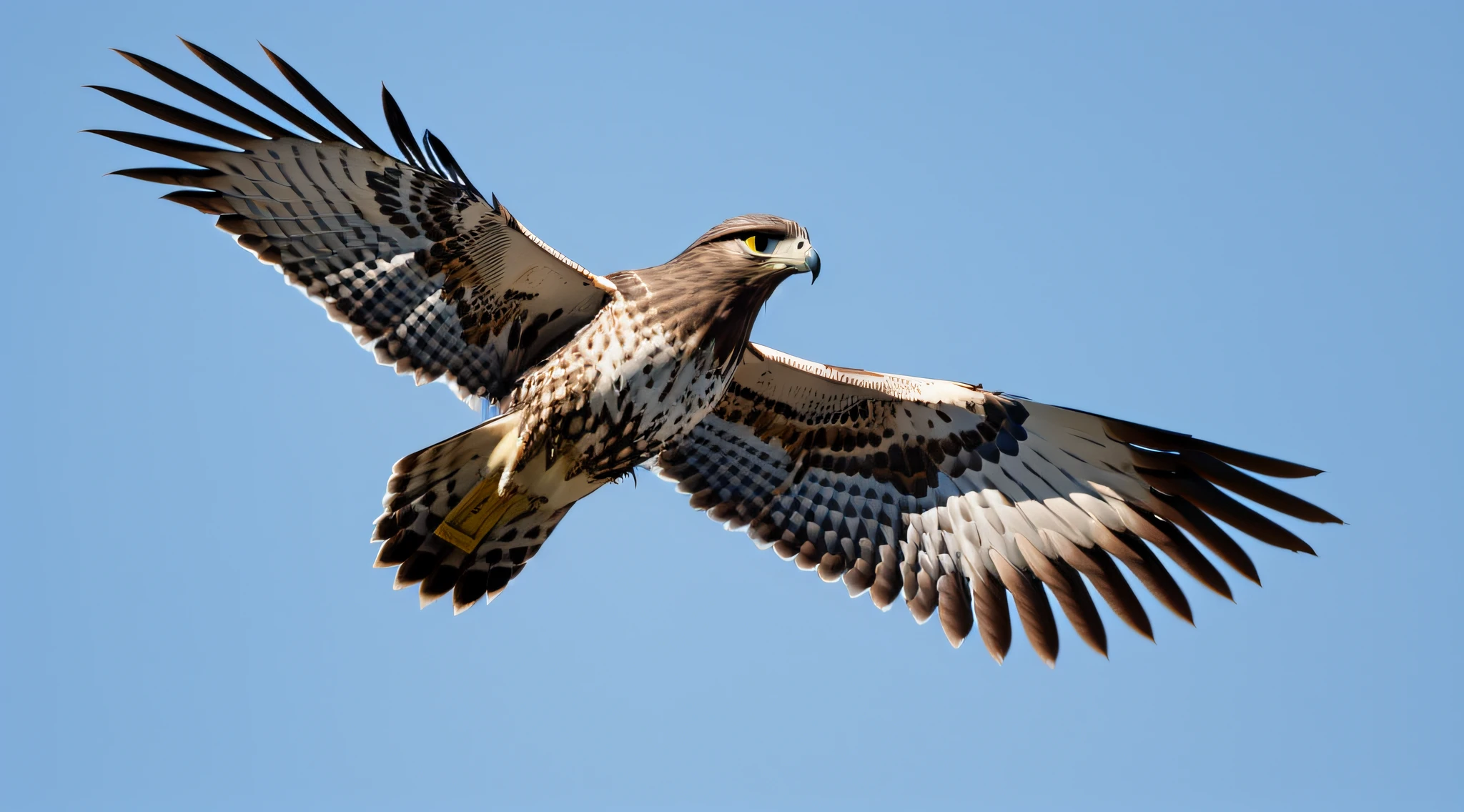 hawk (Accipitridae) flying in the blue sky in sunny day