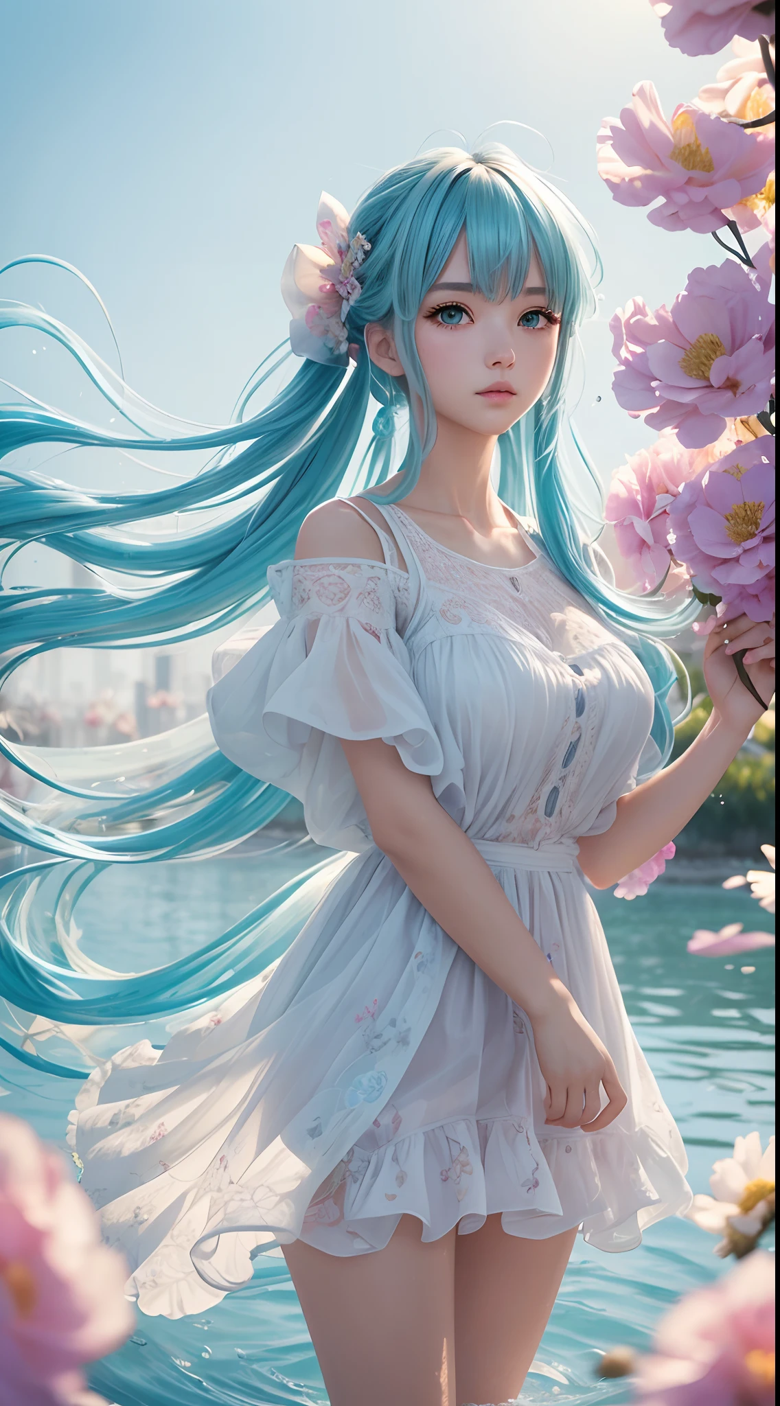(Masterpiece), (Best quality), (Ultra detailed),(Disheveled hair),(illustration), (1girll), (Fashionable clothing), standing, Fashion model, Large breasts, (interview), (Simple background),Beautiful detailed eyes, Delicate beautiful face, Floating,(High saturation),(Colorful splashes),colorful bubble,(Shining), focus onface, pony tails, Kamiasto ayaka, Light blue hair, bangs, Hair ring, Floating flowers, Floating hairs, (Shining), Full body like,BEST lighting, Best shadow,