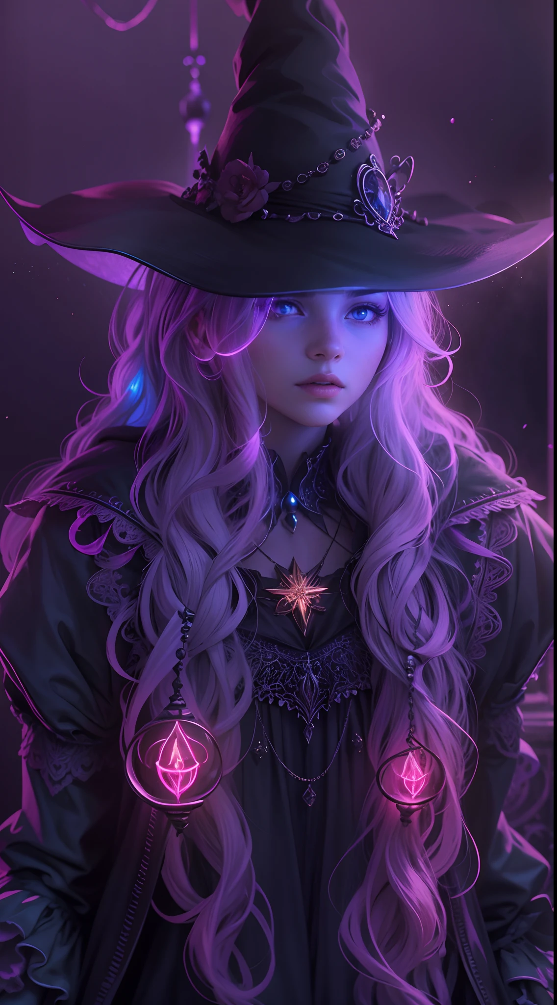 1 girl is 20 years old, A witch is neon lighting on hands, Otherworldly themes with dark fantasy and ethereal fantasy, Bright core with lots of magic orb backgrounds, fantastical realism, La mejor calidad, highest qualityr, 8k, absurdo nada, High quality epic, extremadamente detallado, Piel ultra detallada, Stunningly Detailed, hiperrealista, Very high resolution, Ultra Fotorrealista,