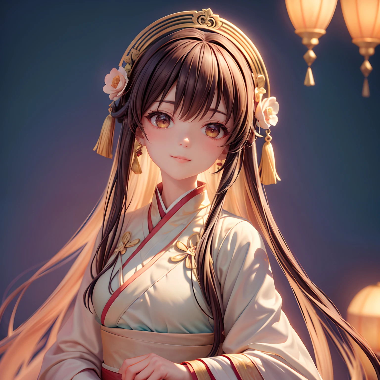 Movie Angle,(Cute girls,anatomy correct,full bodyesbian,Masterpiece camellia,Masterpiece Hanfu,ssmile),(illustratio,paper art,3Drenderingof),(plethora of colors,Best quality,high detal,tmasterpiece,Cinematic lighting effects,4K,Chiaroscuro)