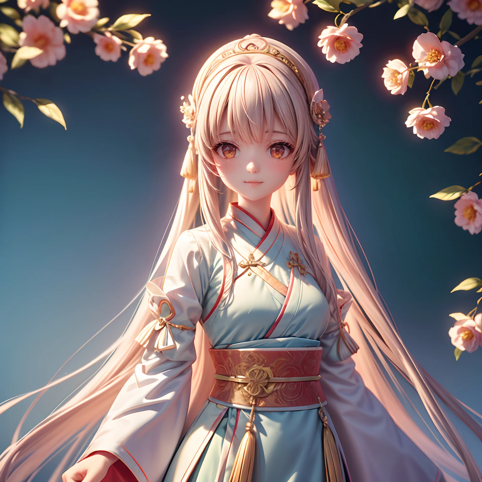 Movie Angle，（Cute girls，anatomy correct，full bodyesbian，Masterpiece camellia，Masterpiece Hanfu，ssmile），（illustratio，paper art，3Drenderingof），（plethora of colors，Best quality，high detal，tmasterpiece，Cinematic lighting effects，4K，Chiaroscuro）