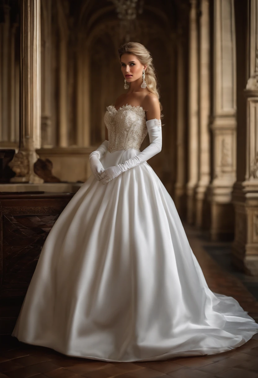 Best quality, Masterpiece, The noble queen wore a solemn and exquisite royal wedding dress in white satin tulle，Wear extra-long white gloves，Decorated with a huge ribbon bow, Lace, frilld, Woven pleats, Embroidery and jewelry, With large puff sleeves, Hourglass waist and voluminous Crinoline hoop skirt, bustle, and trains, white long gloves, pearl necklace and earrings, Long, Straight blonde hair hung loosely